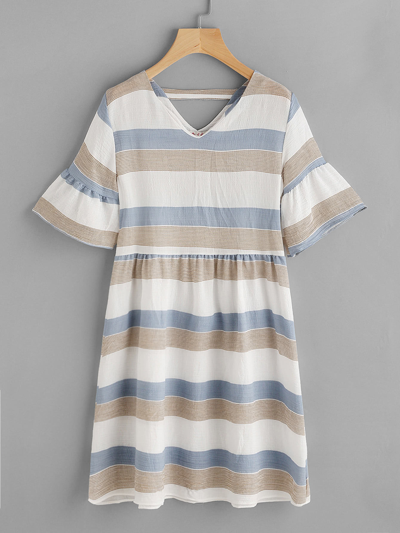 Contrast Striped Double V Fluted Sleeve Dress
