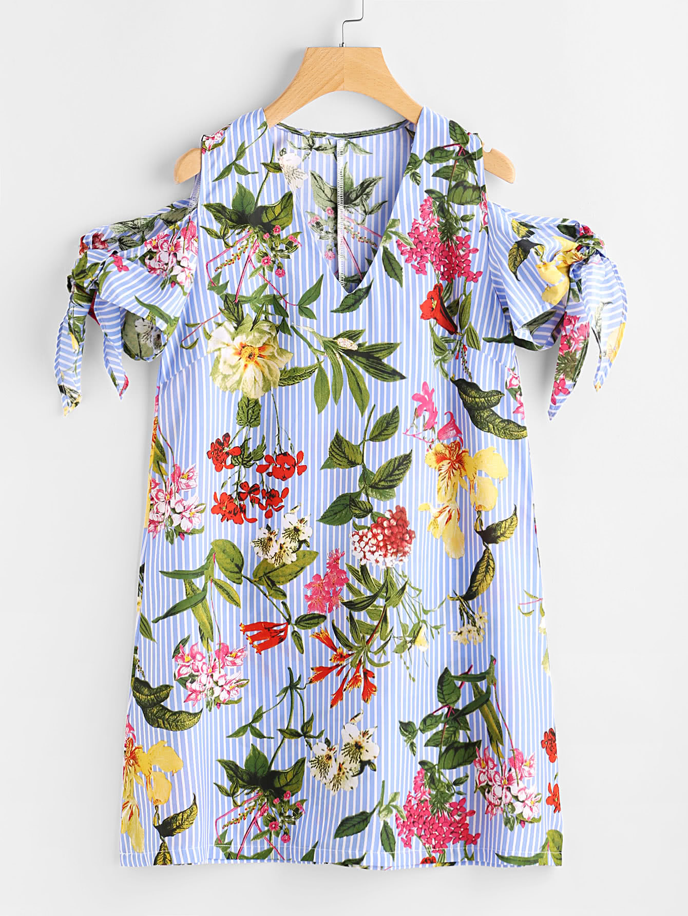 Random Botanical Print Tie Sleeve Striped Dress