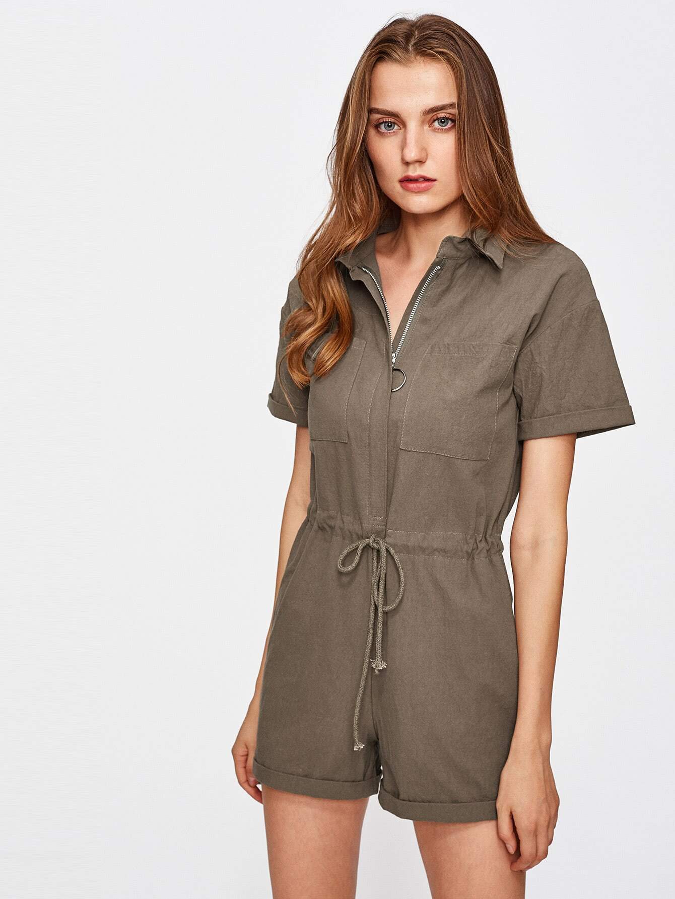 Drawstring Waist Cuffed Military Romper SheIn(Sheinside)