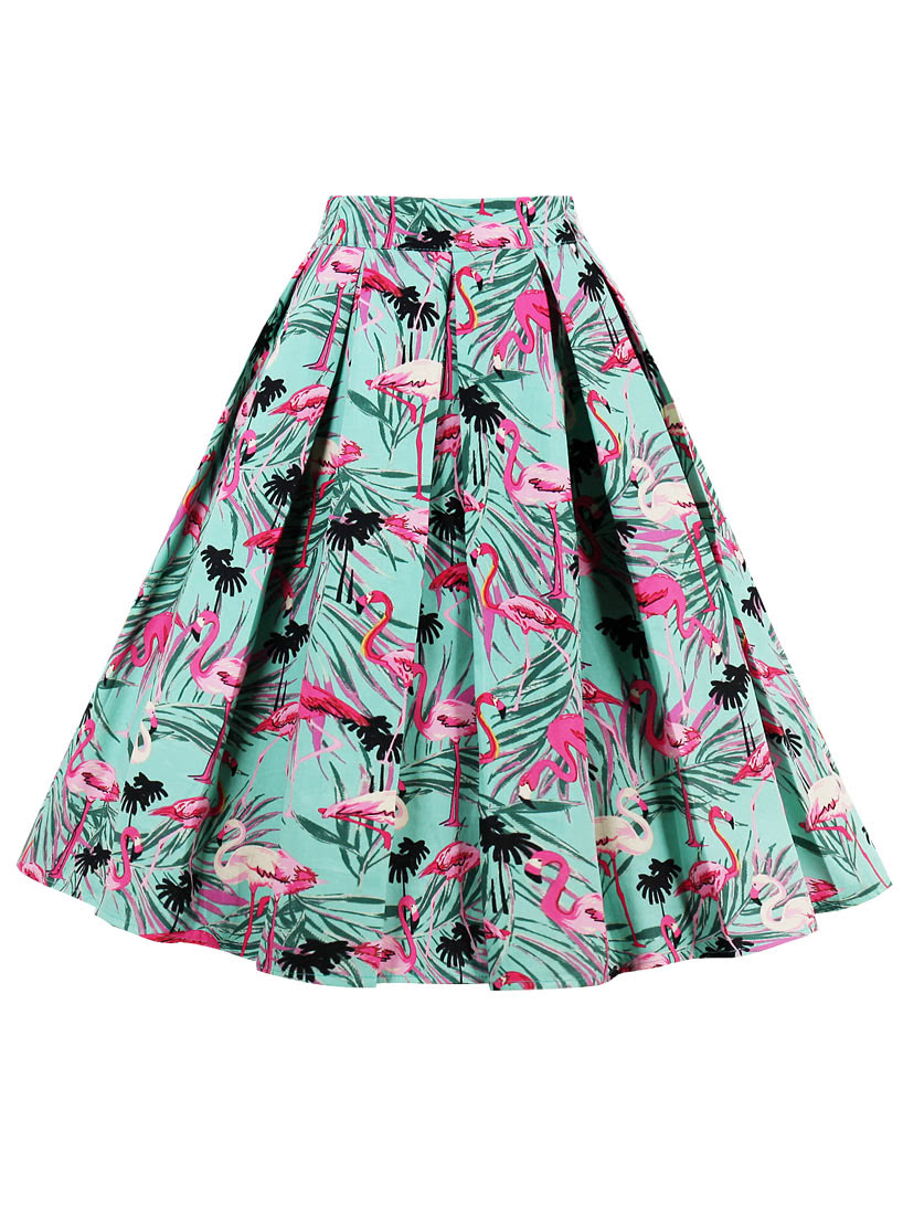 Palm Leaf And Flamingo Print Box Pleated Skirt