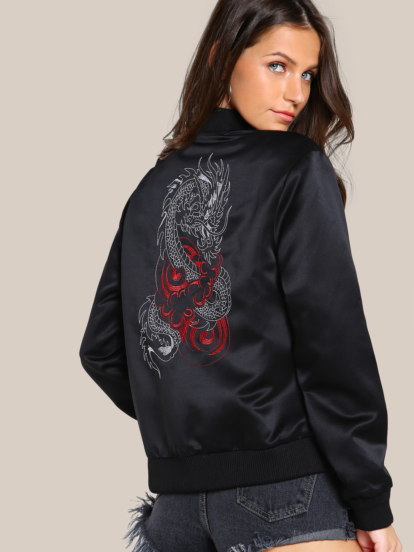 Dragon Embroidered Back Bomber Jacket SheIn(Sheinside)