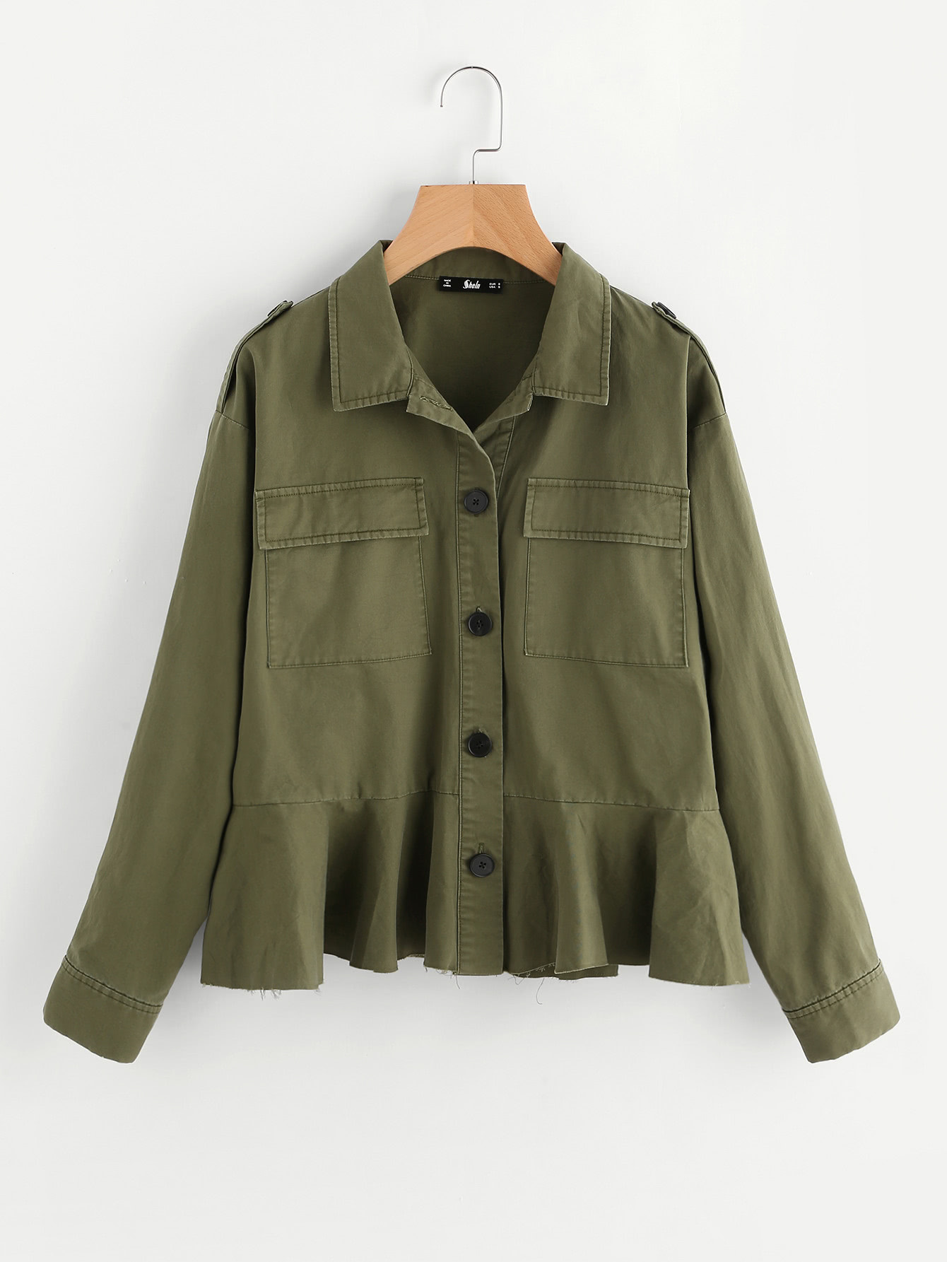 Dual Flap Pocket Ruffle Hem Jacket SheIn(Sheinside)