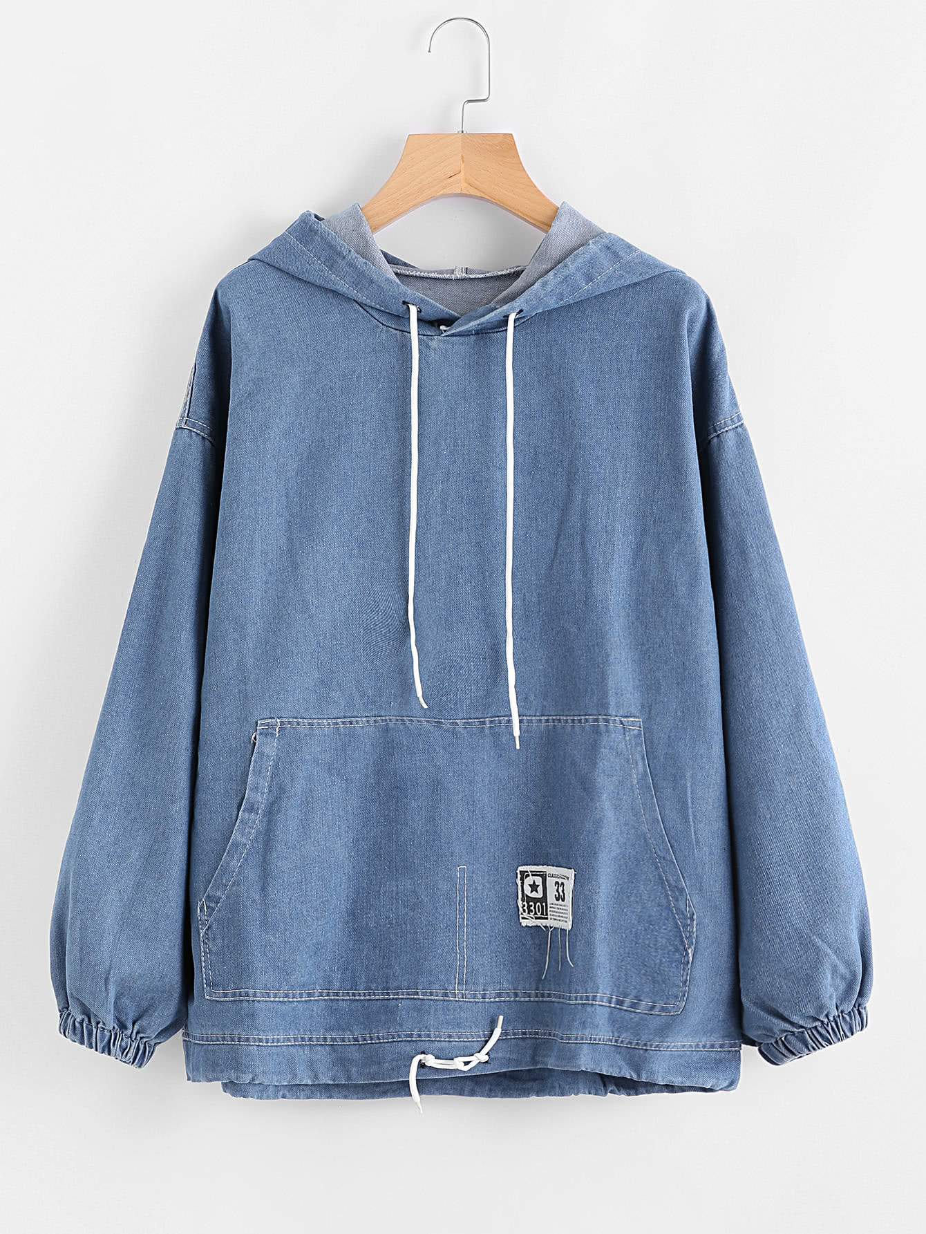 Drawstring Hood Kangaroo Pocket Denim Sweatshirt EmmaClothWomen Fast