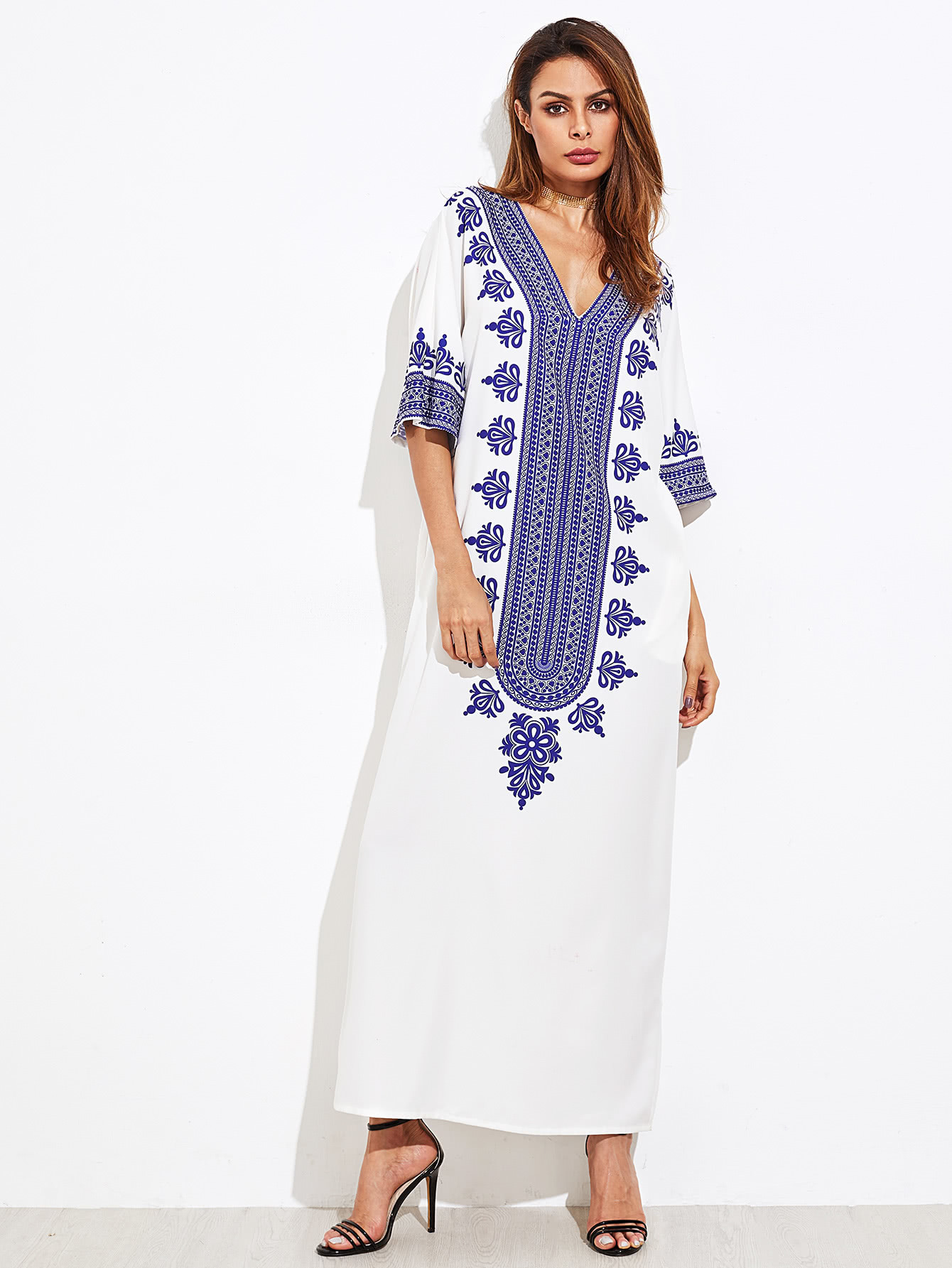 Ornate Print Kimono Sleeve Dress SheIn(Sheinside)