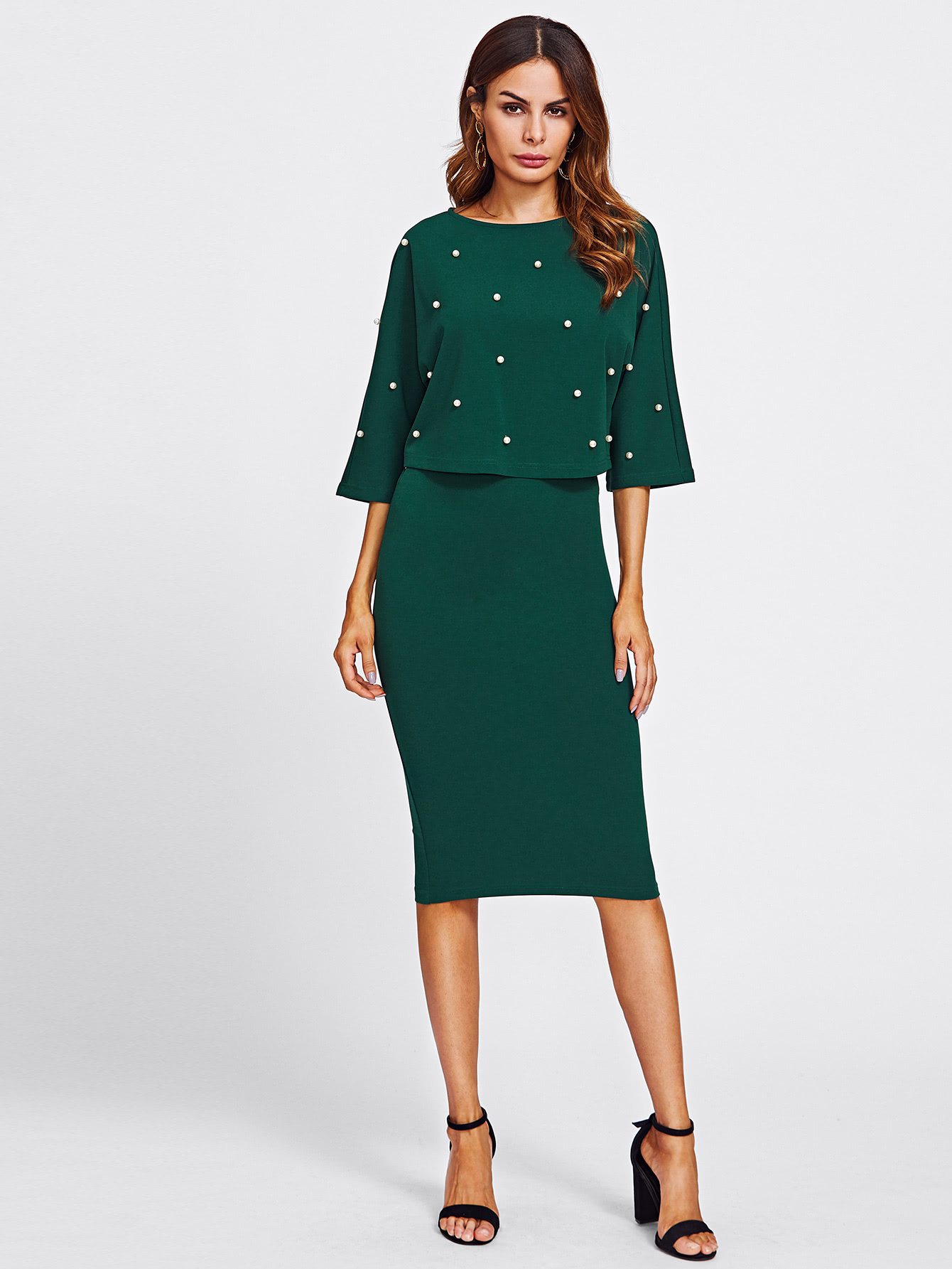 Pearl Embellished Front Top & Pencil Skirt Set