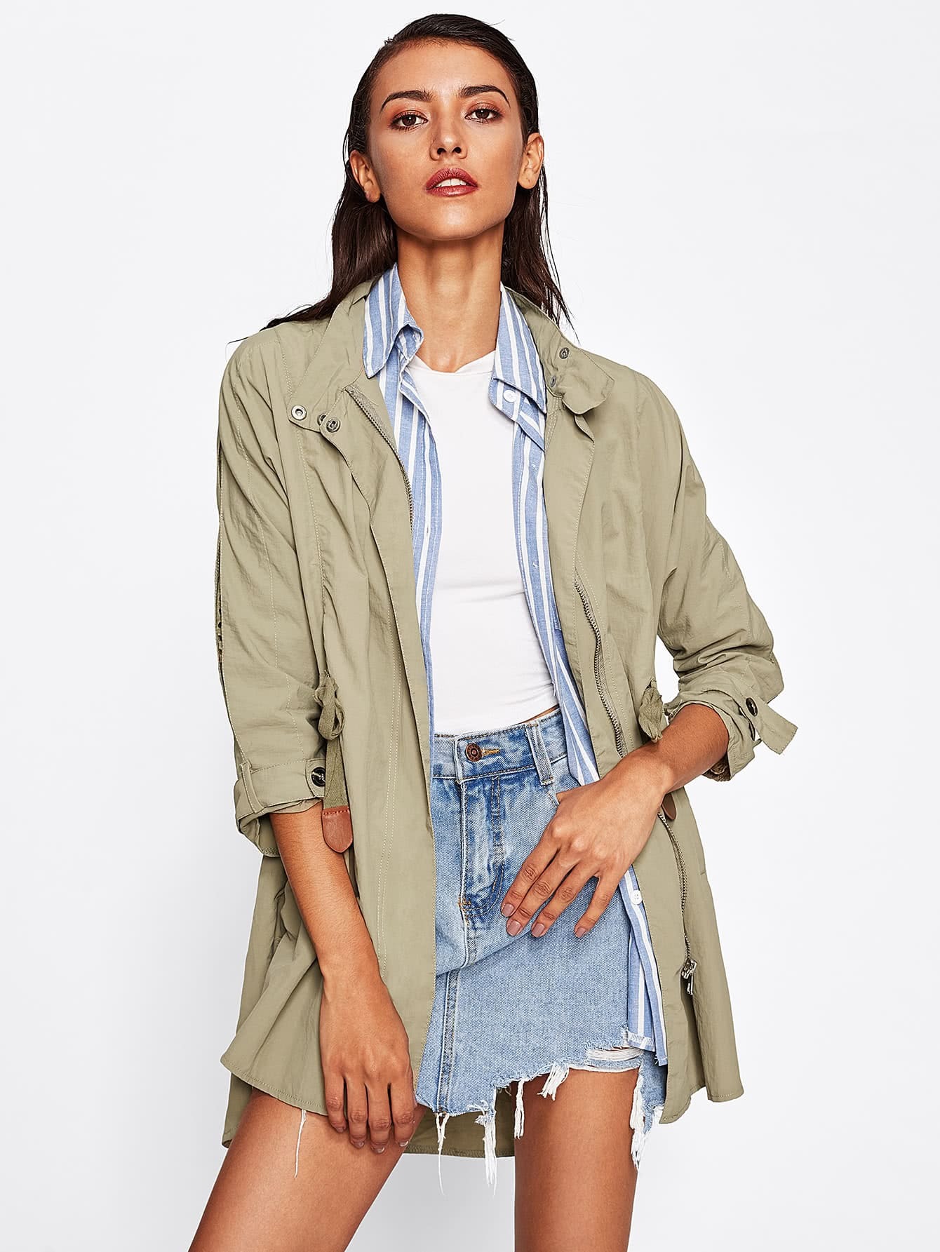 Contrast Sleeve Elastic Waist Utility Jacket SheIn(Sheinside)