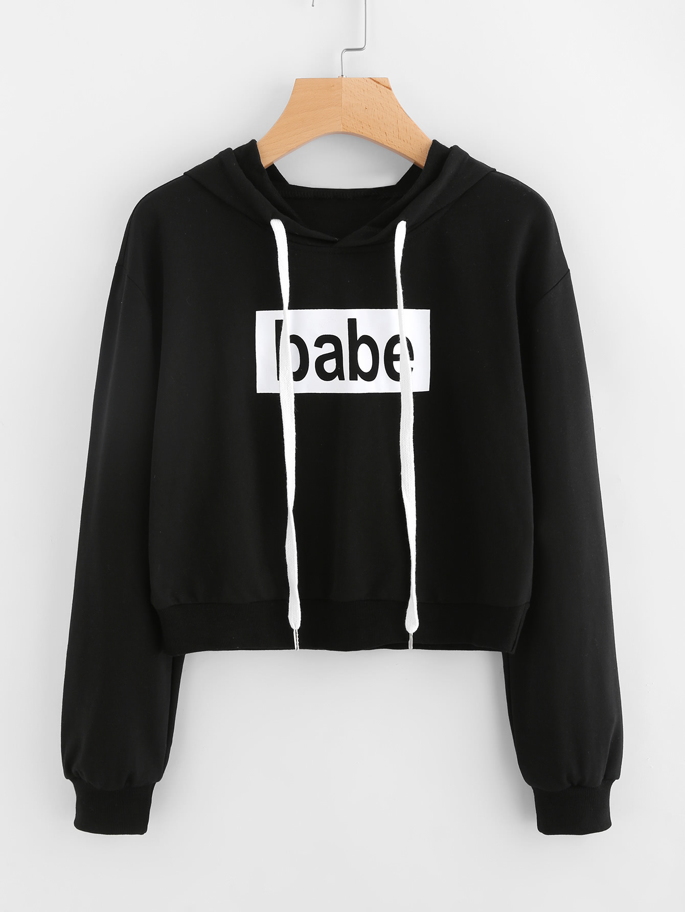 Babe Print Drawstring Hoodie SheIn(Sheinside)