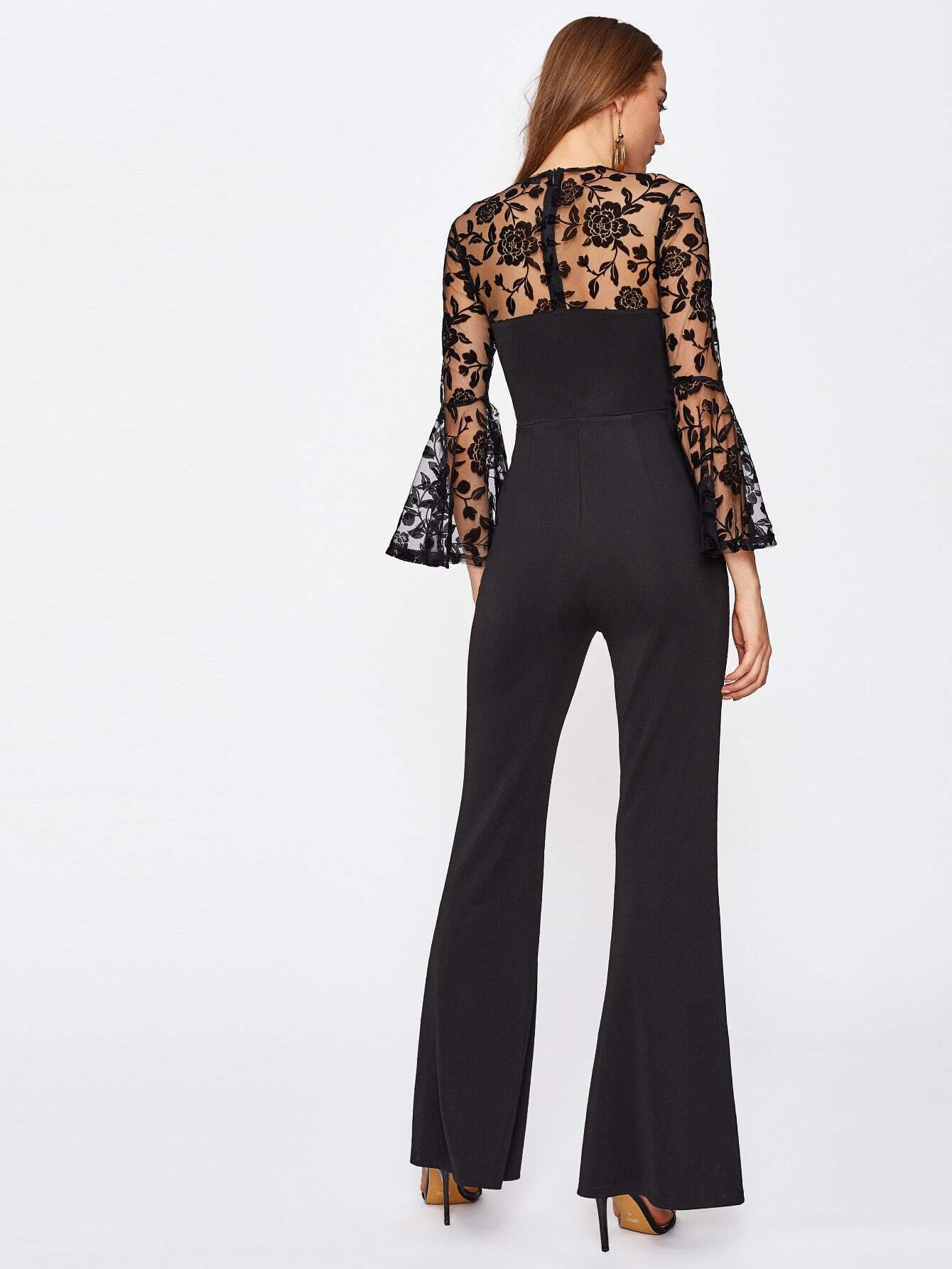 Floral Mesh Yoke Bell Sleeve Flared Jumpsuit SheIn(Sheinside)