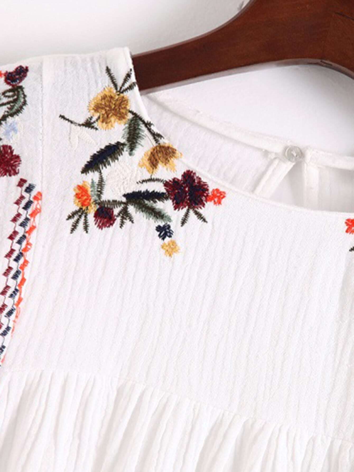 Flower Embroidery Keyhole Back Top With FringeFor Womenromwe