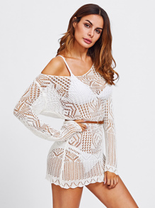 Off Shoulder Scallop Trim Open Knit Cover Up