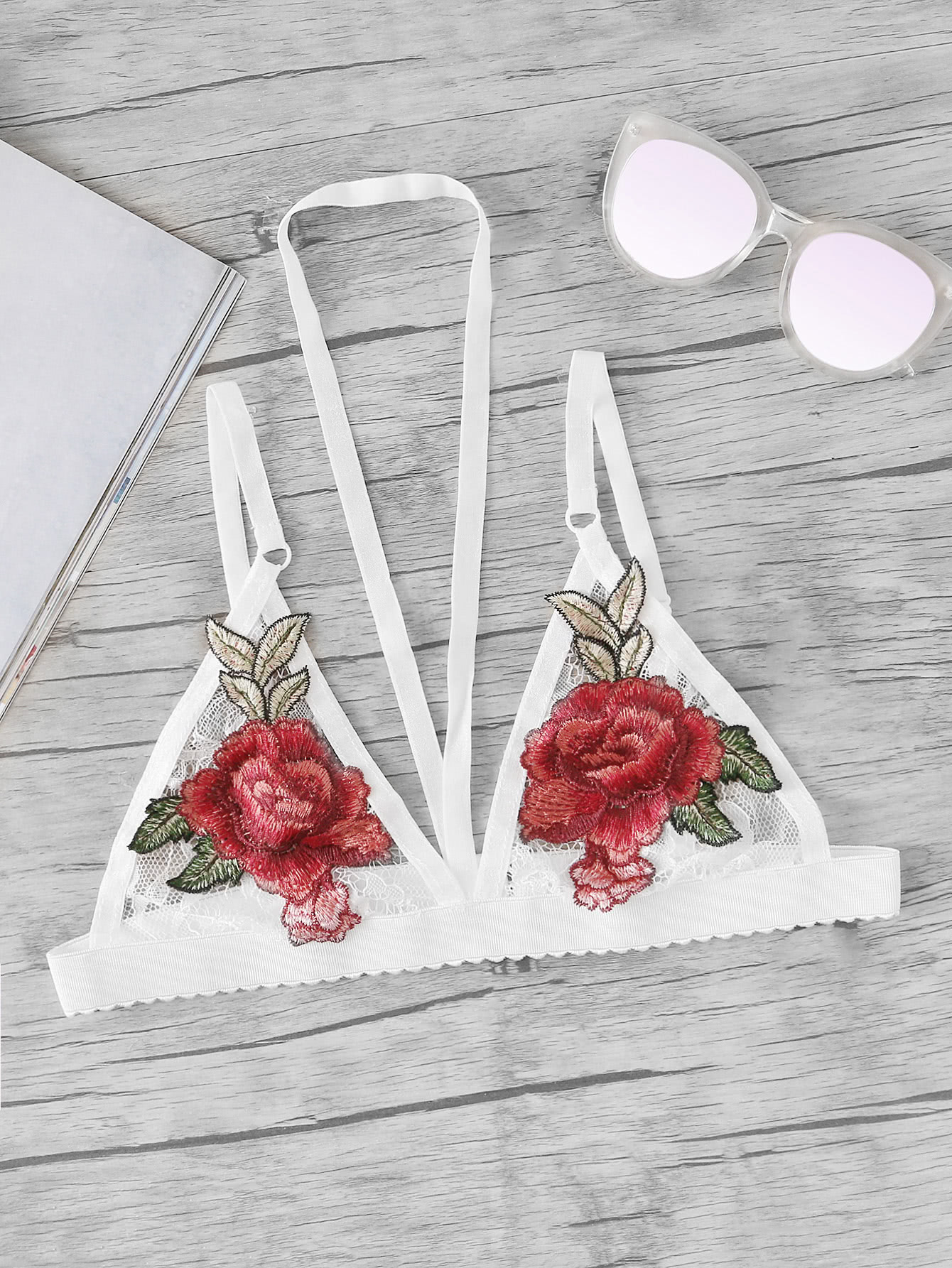 Embroidered Rose Applique Lace Halter Bralette