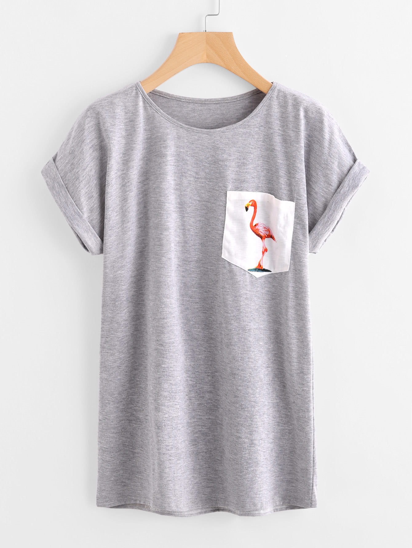 Contrast Flamingo Print Pocket Marled Cuffed Tee