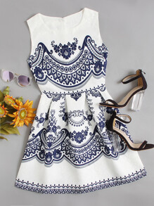 Porcelain Print Embossed Fit & Flare Dress