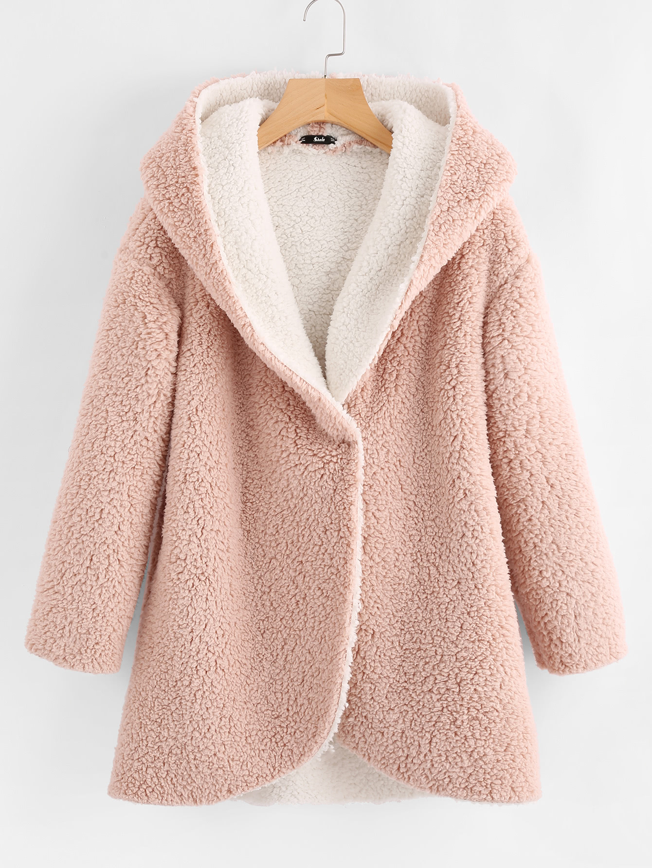 Curved Hem Sherpa Fleece Hoodie Coat Emmacloth Women Fast Fashion Online 