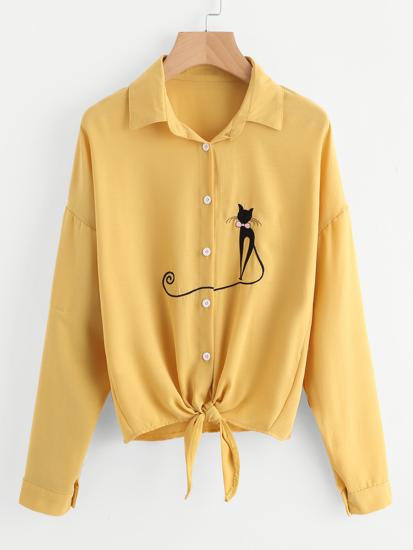 Drop Shoulder Cat Embroidered Knotted Hem Shirt