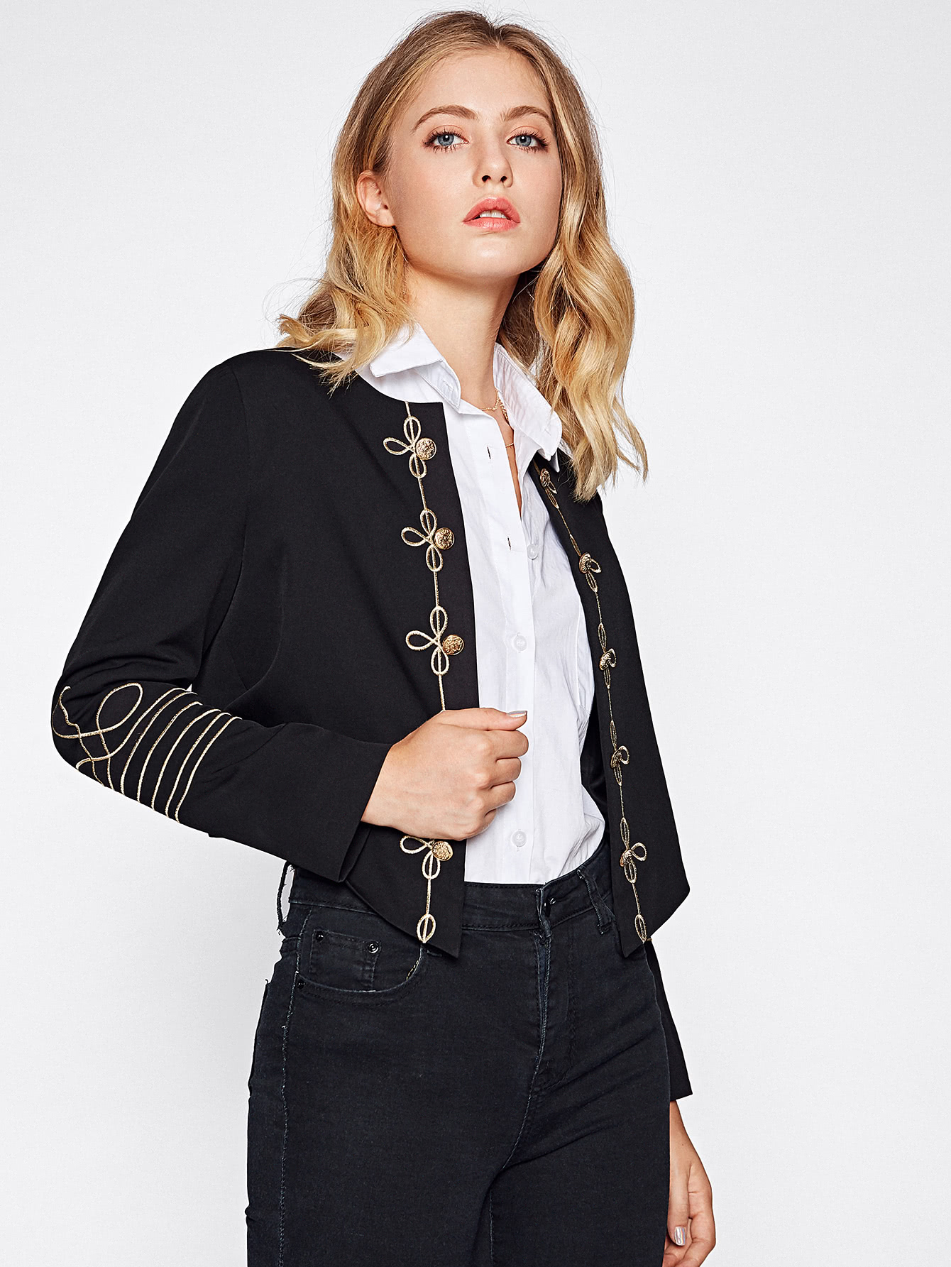 Golden Button Embellished Embroidery Blazer SheIn(Sheinside)