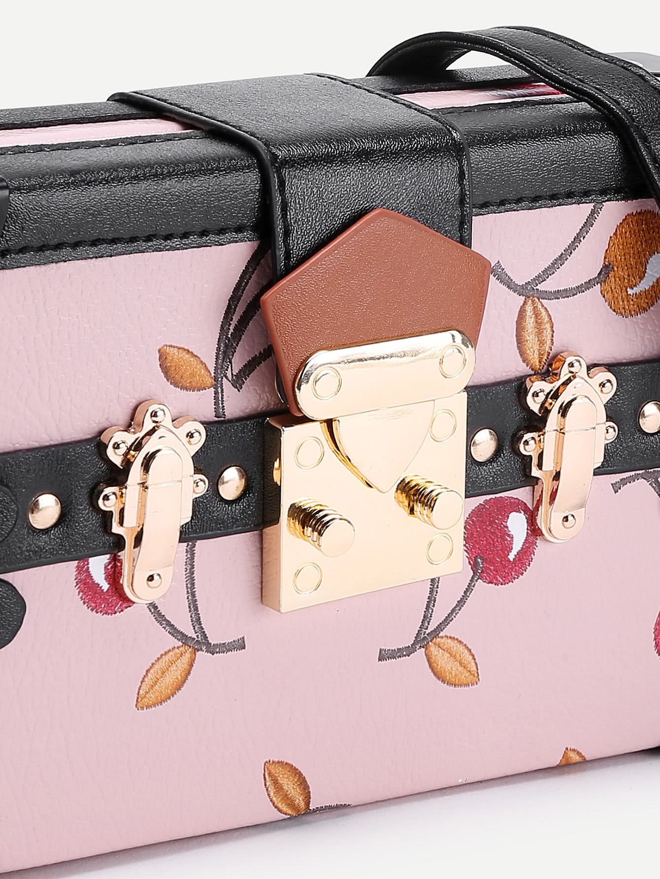 Cherry Embroidery Box Shaped PU Shoulder Bag SheIn(Sheinside)