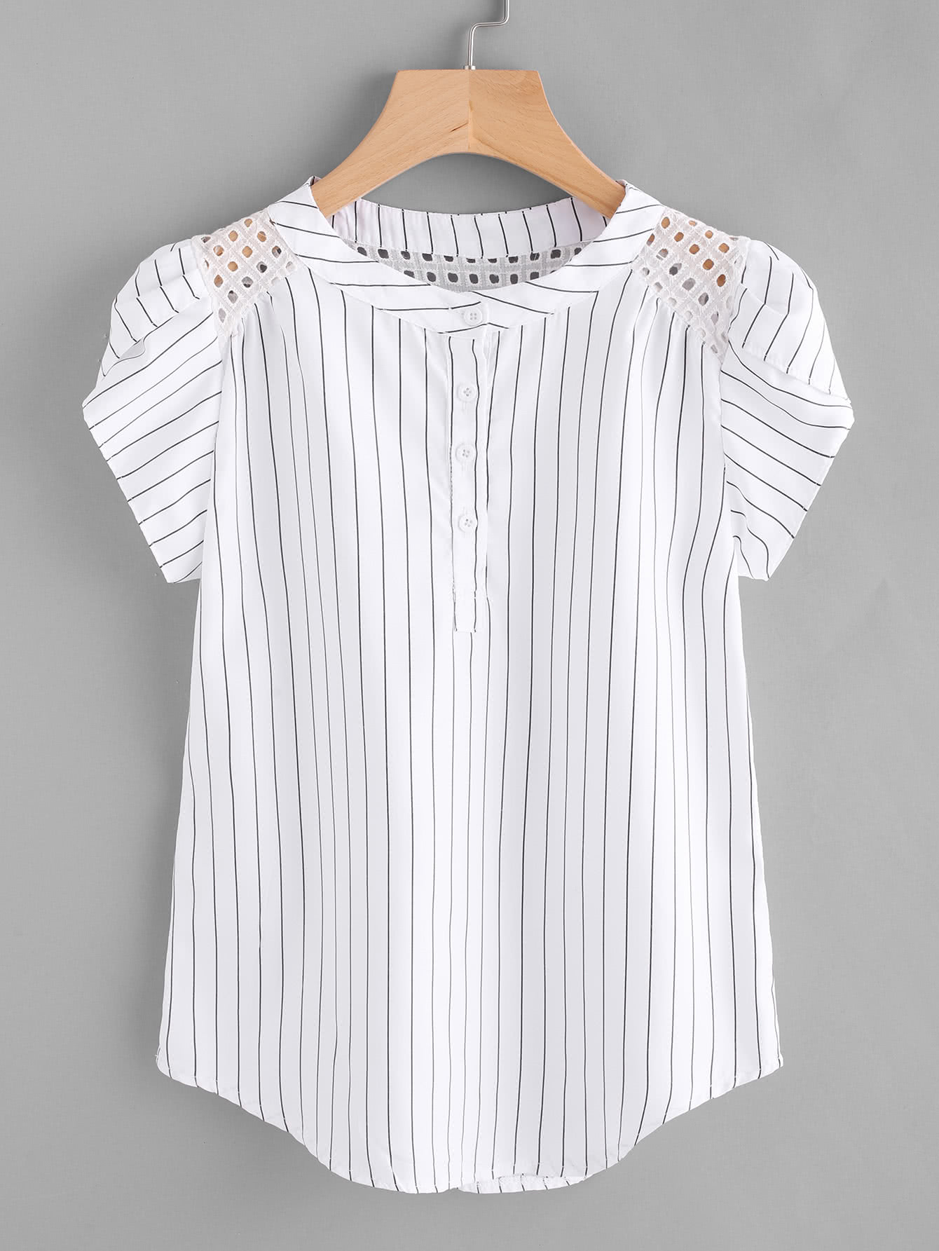 Eyelet Embroidered Panel Petal Sleeve Pinstriped Blouse