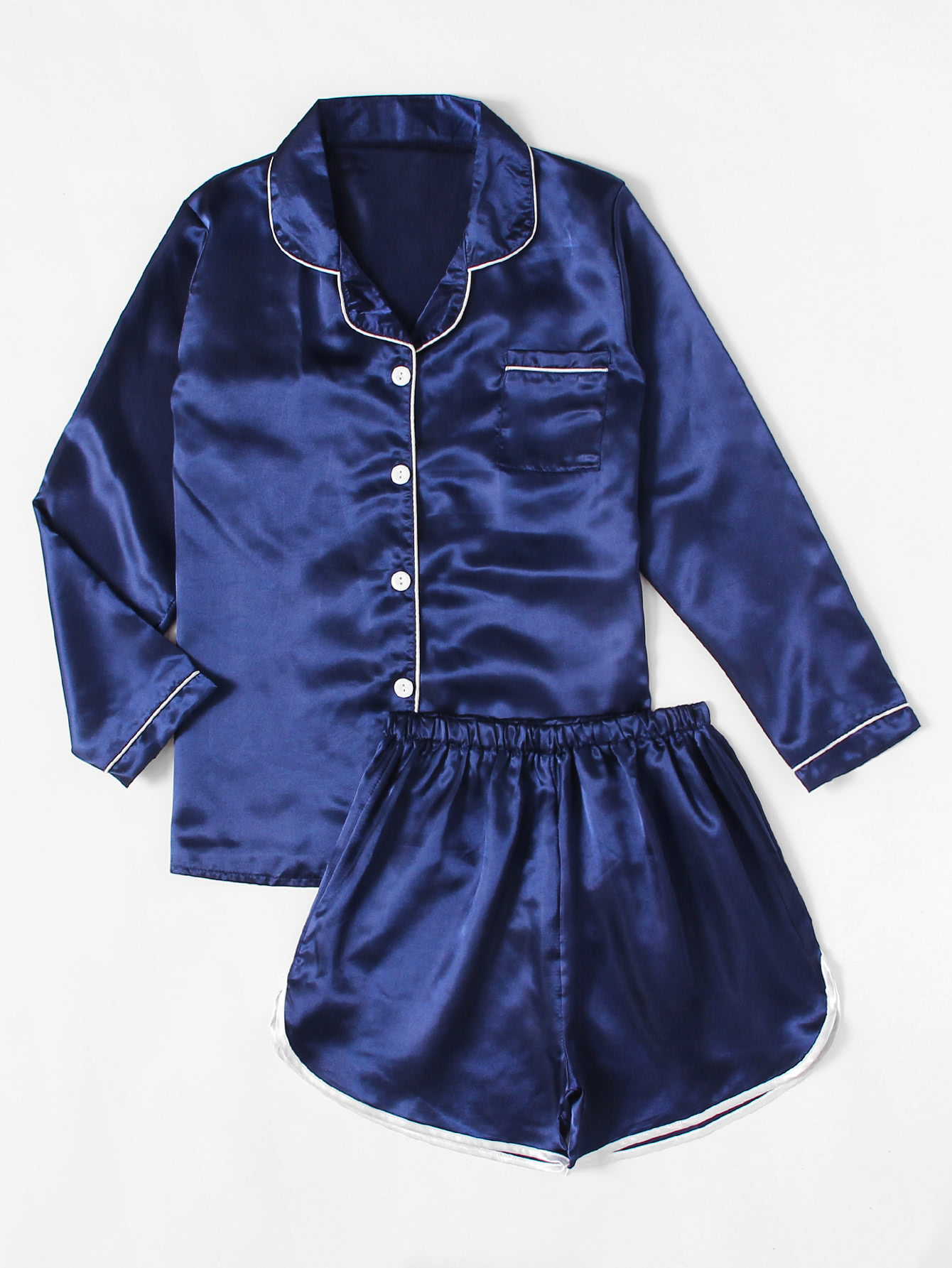 Contrast Piping Satin Pajama Set SheIn(Sheinside)
