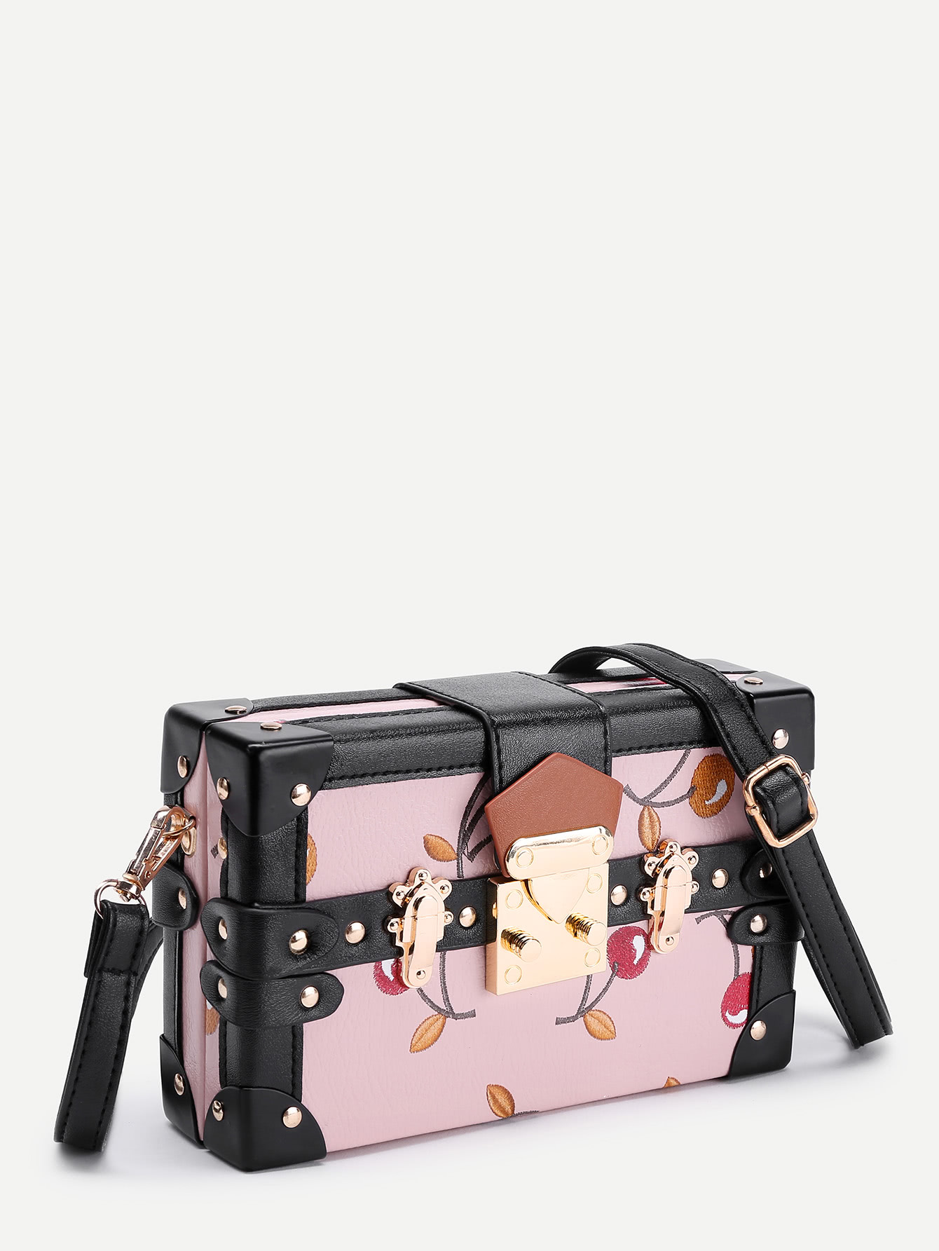 Cherry Embroidery Box Shaped PU Shoulder Bag SheIn(Sheinside)