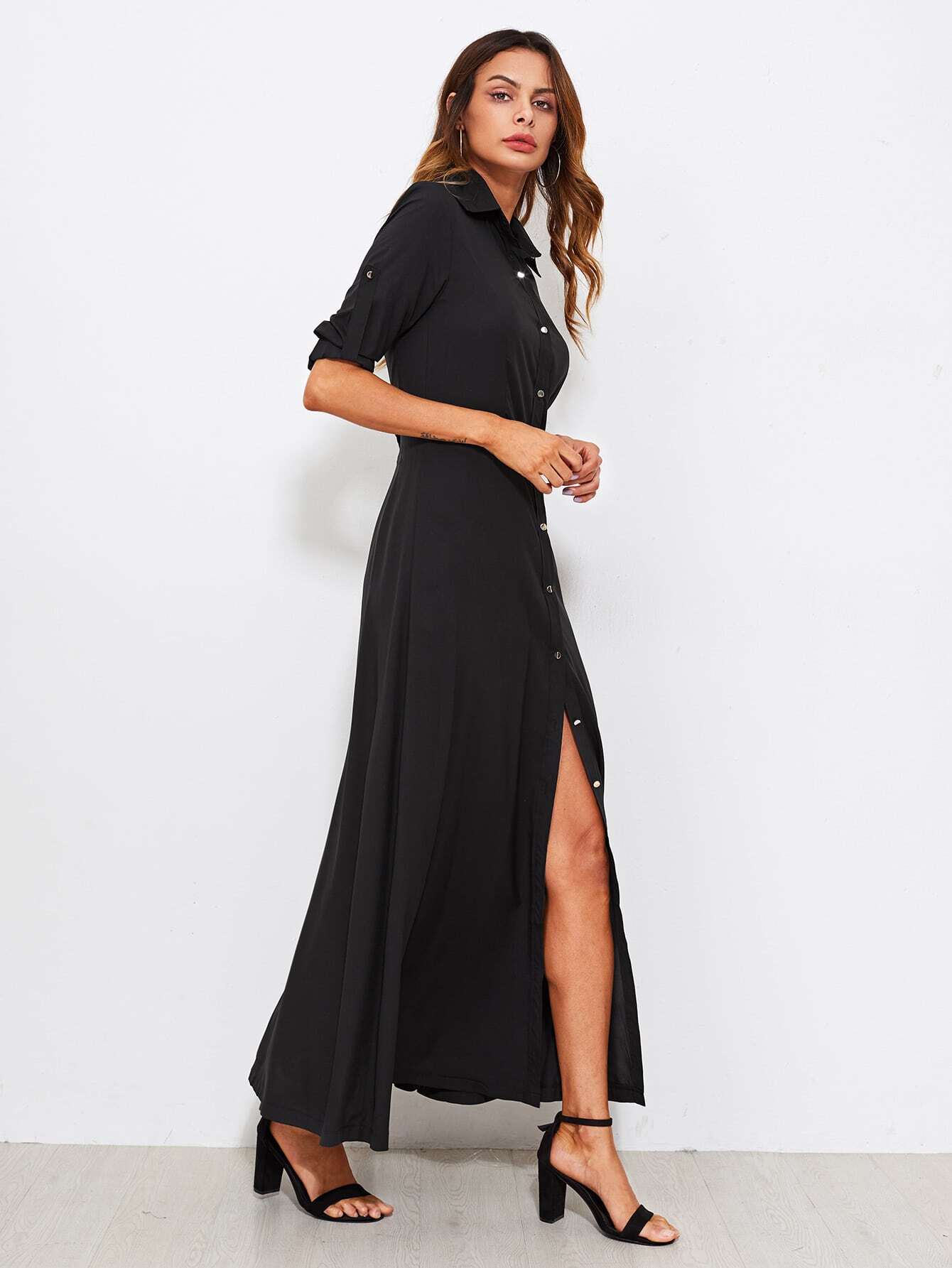 Roll Tab Sleeve Full Length Shirt Dress SheIn(Sheinside)
