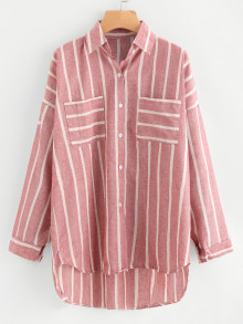 Striped Dip Hem Shirt With Chest Pocket