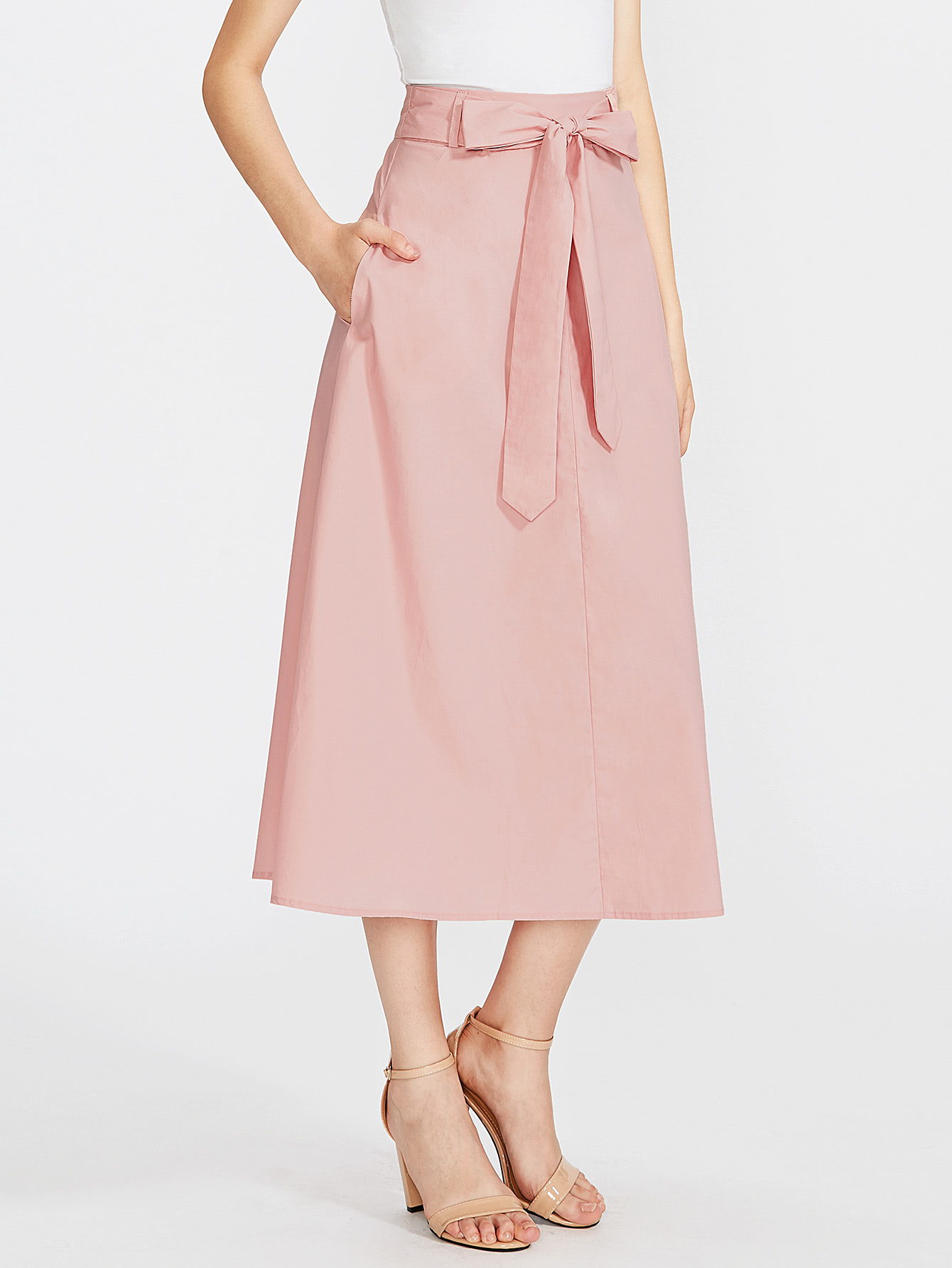 Bow Tie Waist Hidden Pocket Skirt SheIn(Sheinside)