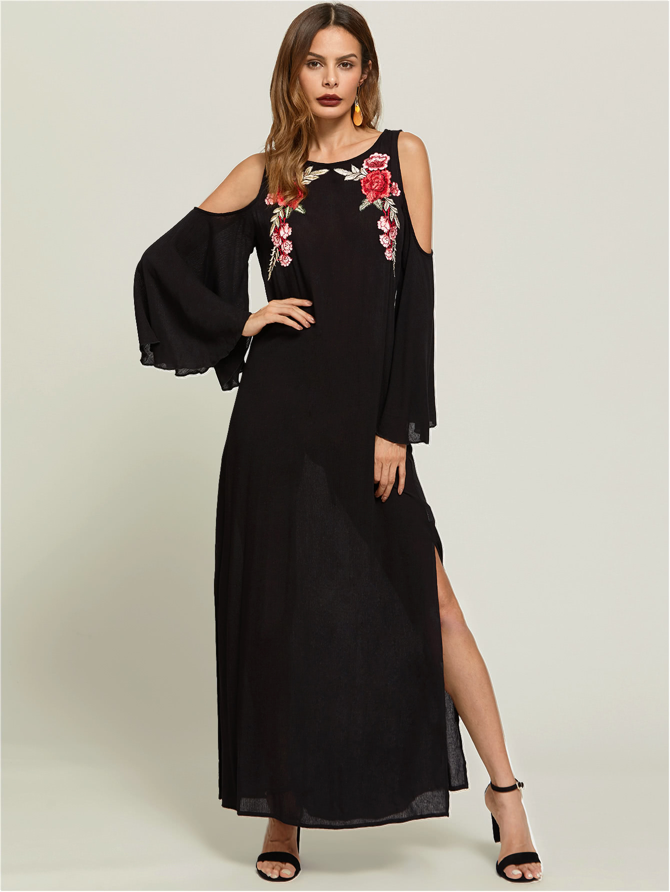 Symmetrical Embroidery Patch Bell Sleeve Slit Side Dress SheIn(Sheinside)