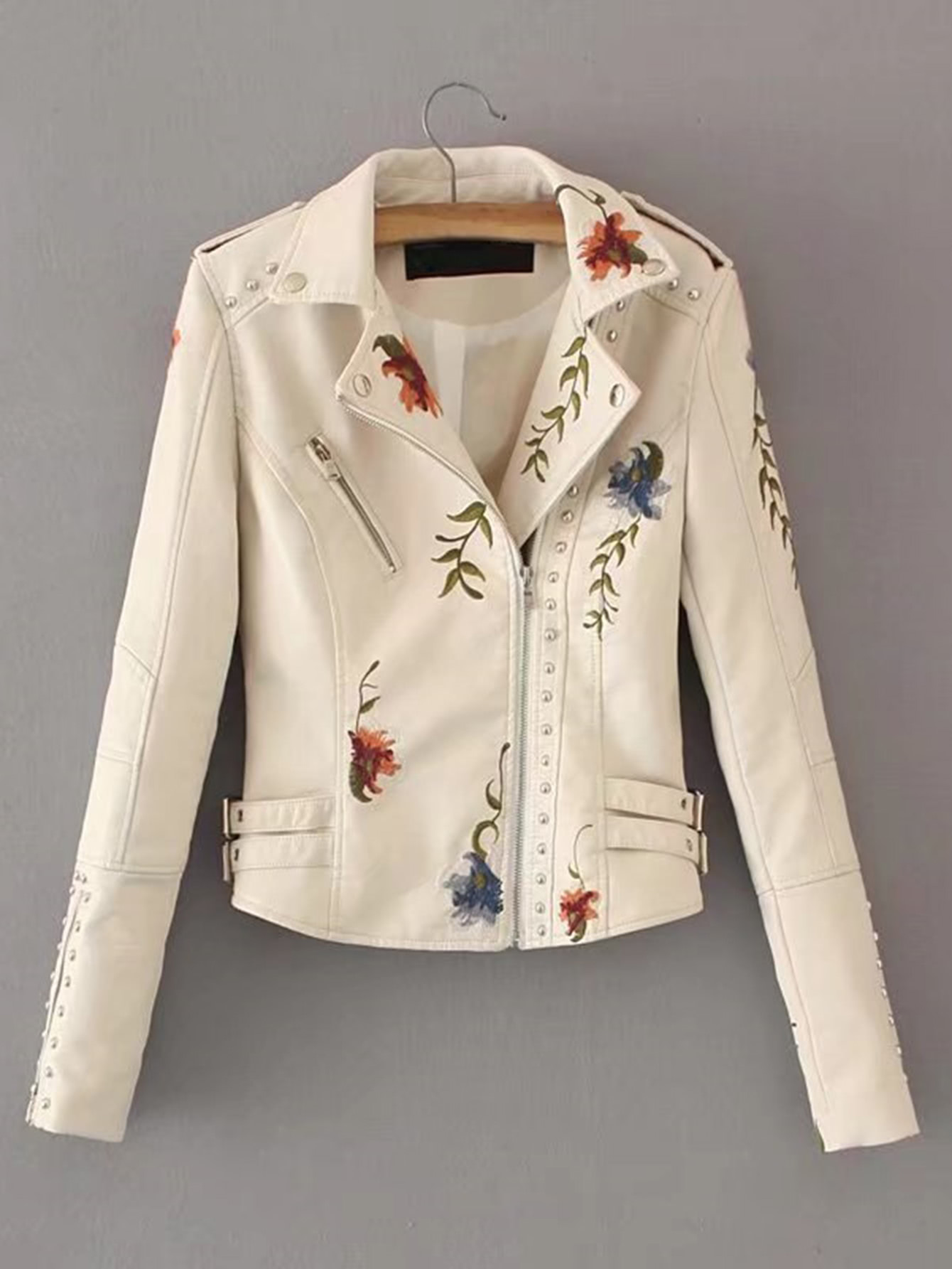 Embroidered Double Buckle Biker Jacket SheIn(Sheinside)