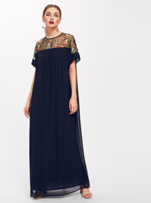 Keyhole Embroidered Mesh Yoke Dress