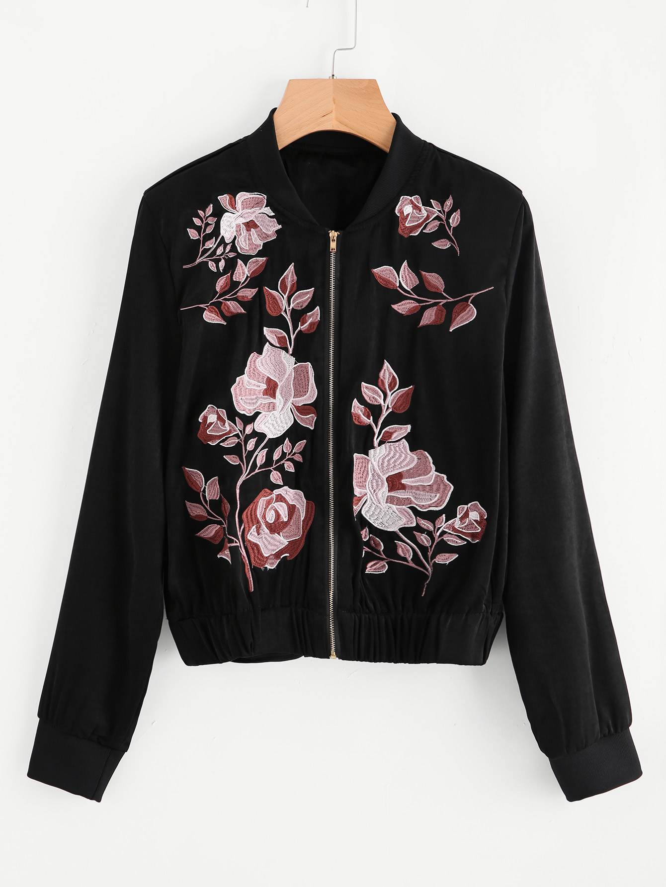 Botanical Embroidered Satin Bomber Jacket SheIn(Sheinside)