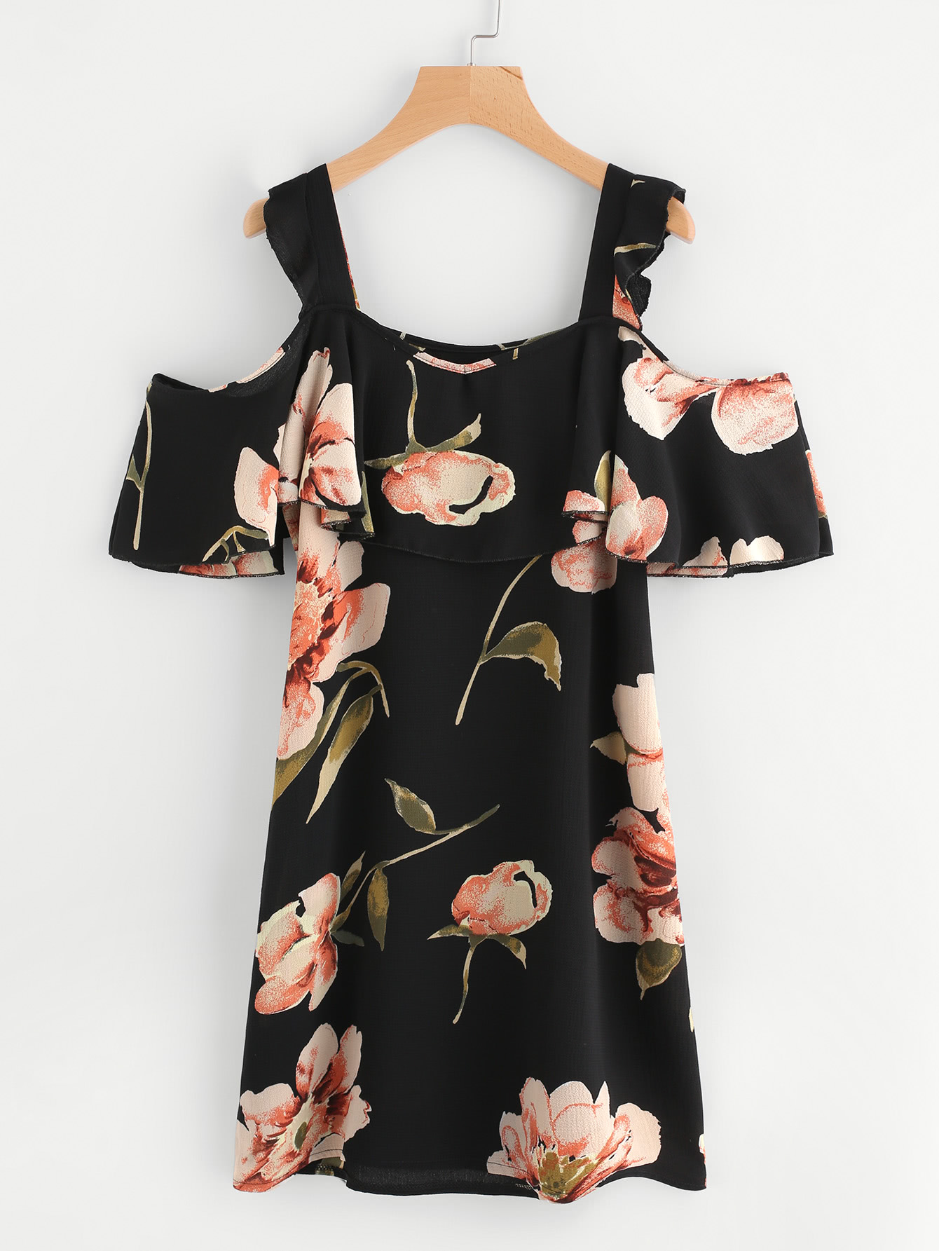 Random Botanical Print Flounce Layered Chiffon Dress