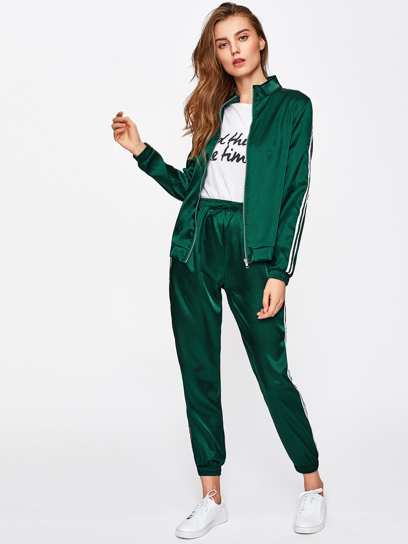 Side Striped Sleeve Zip Up Jacket With Drawstring Sweatpants
