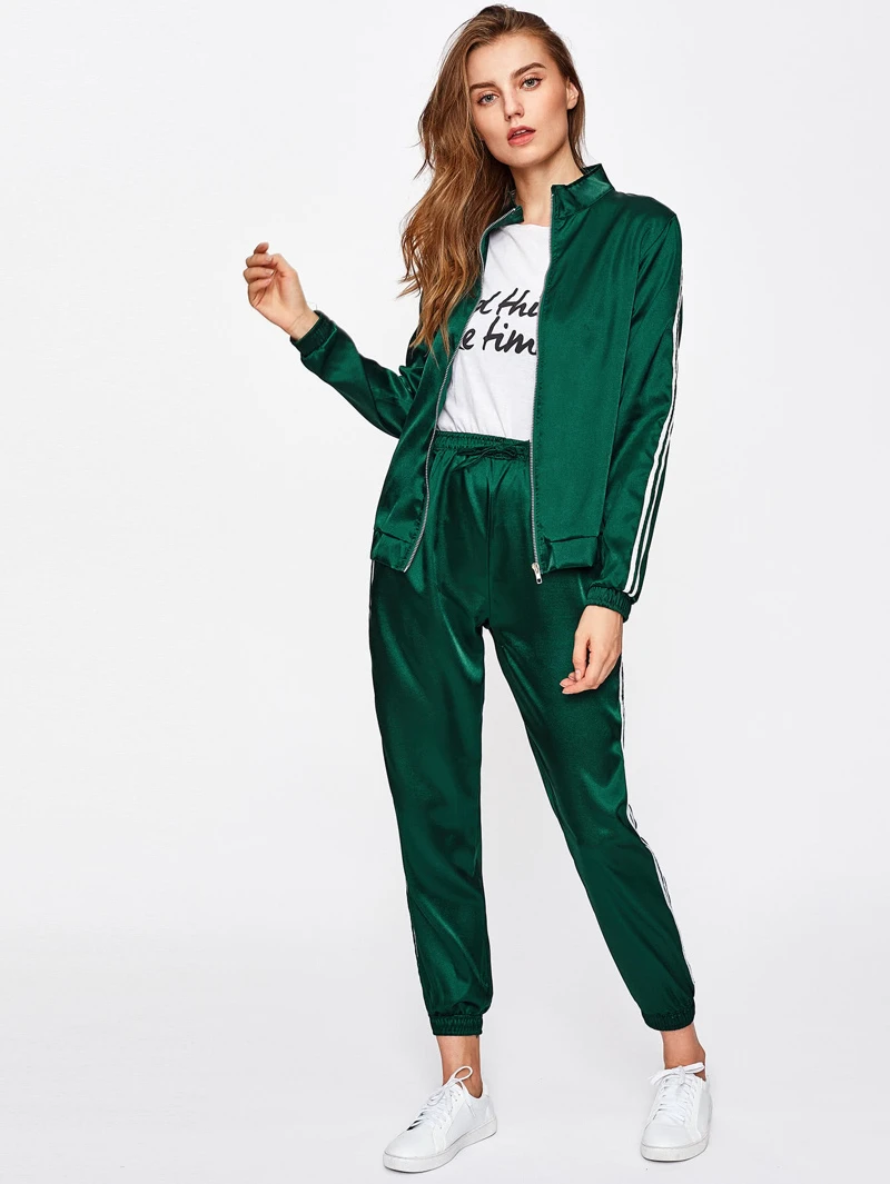 Drawstring Sleeve Up Striped Jacket Collar With Sleeve Side Zip SweatpantsStand Sleeve Green Long Rnq7xn6AY