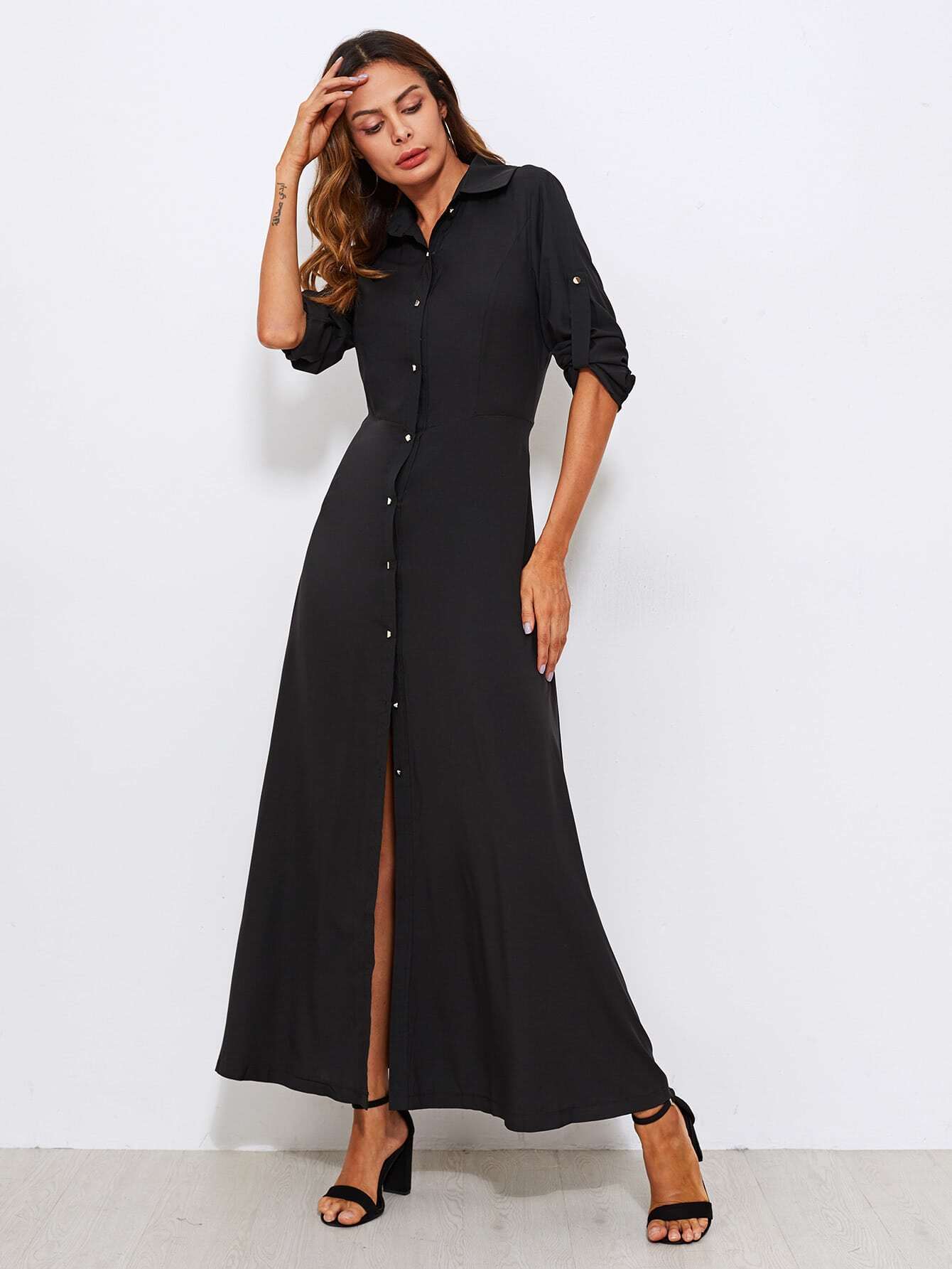 Roll Tab Sleeve Full Length Shirt Dress SheIn(Sheinside)