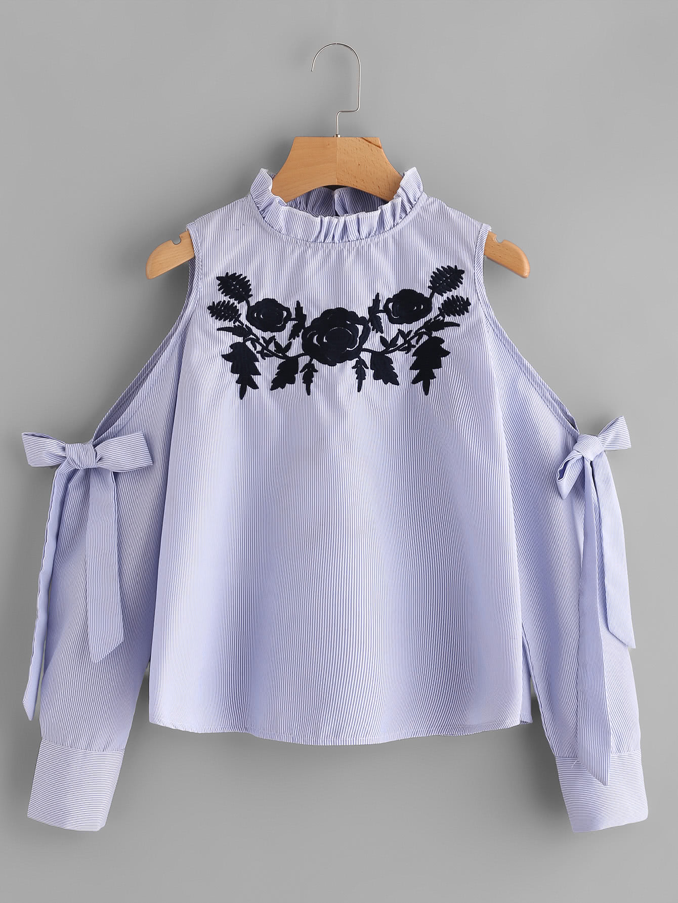 Pinstriped Open Shoulder Tie Detail Embroidery Blouse