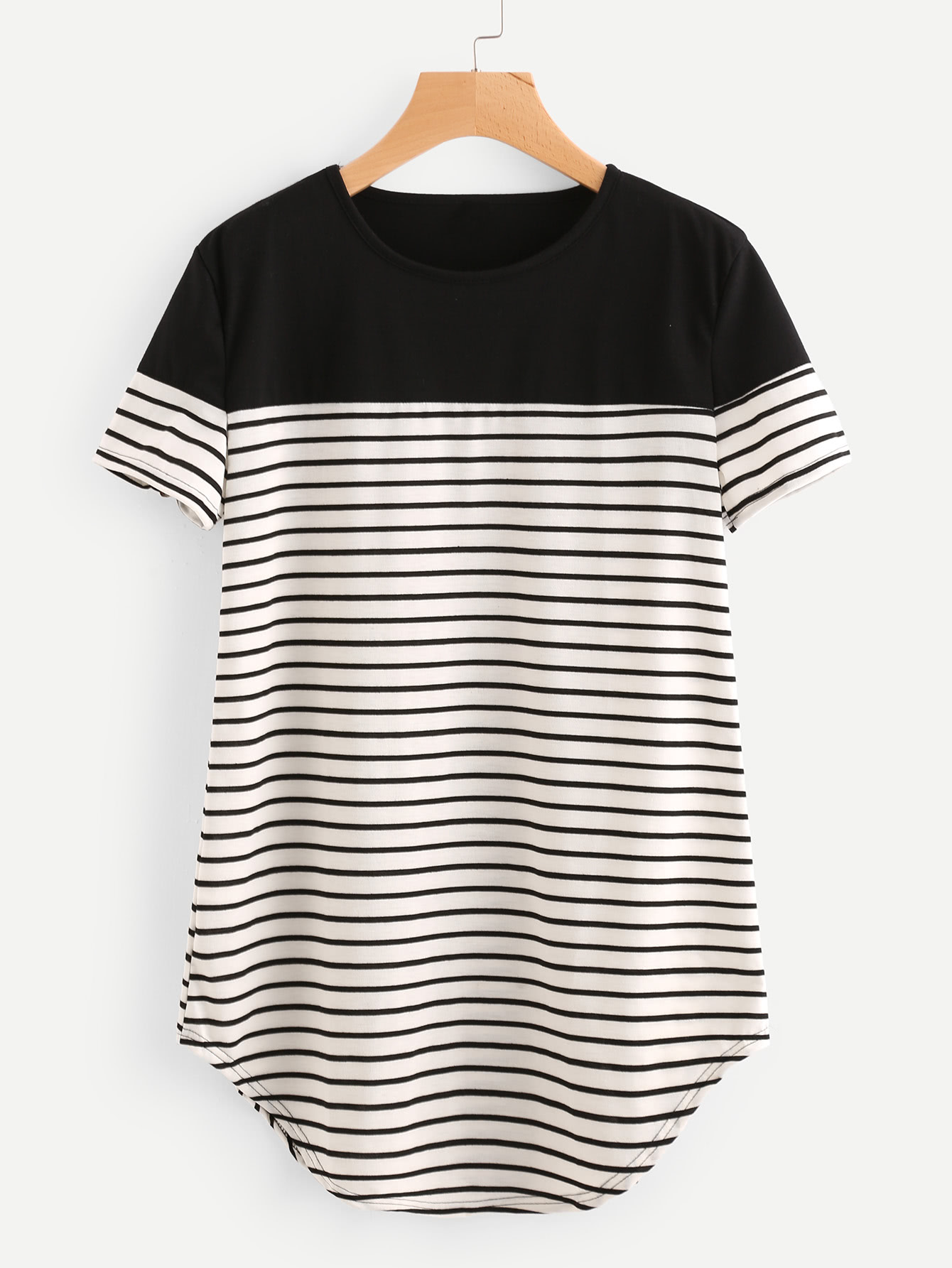 Contrast Panel Curved Hem Striped Longline Tee