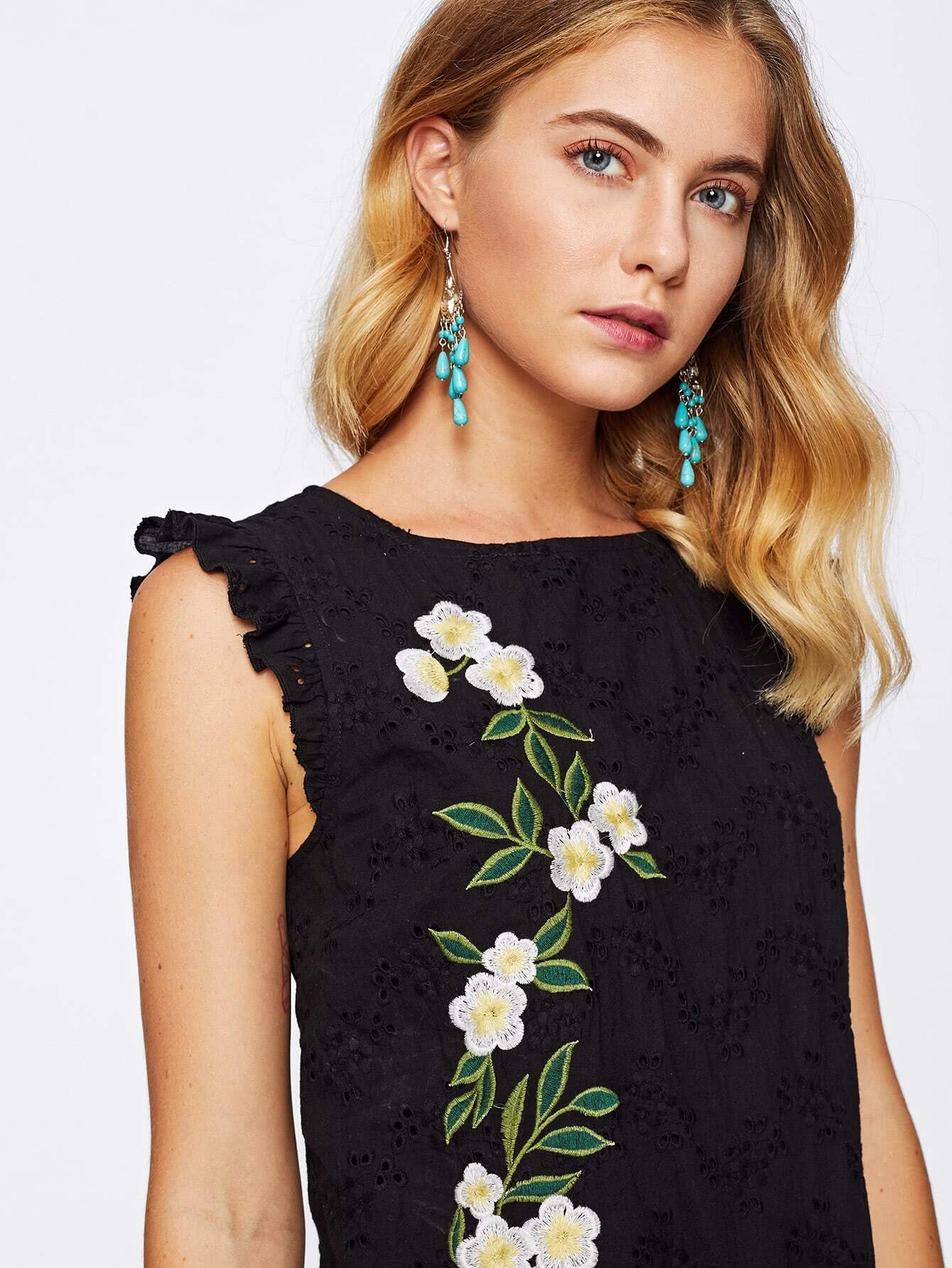 Eyelet Embroidered Cutout Tie Back Frilled Hem Dress SheIn(Sheinside)