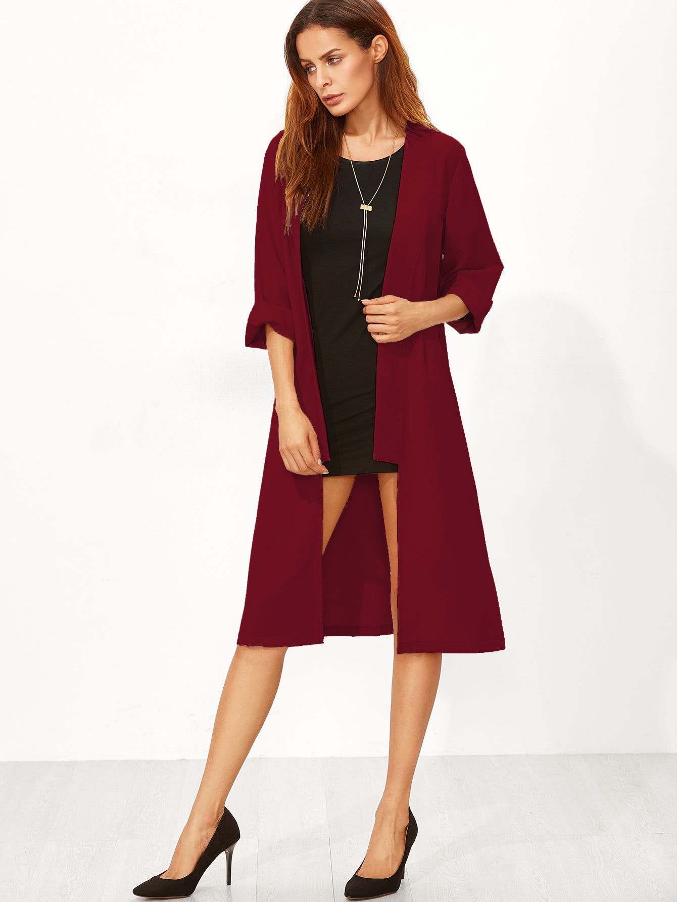 Open Front Roll Up Sleeve Duster Coat SheIn(Sheinside)