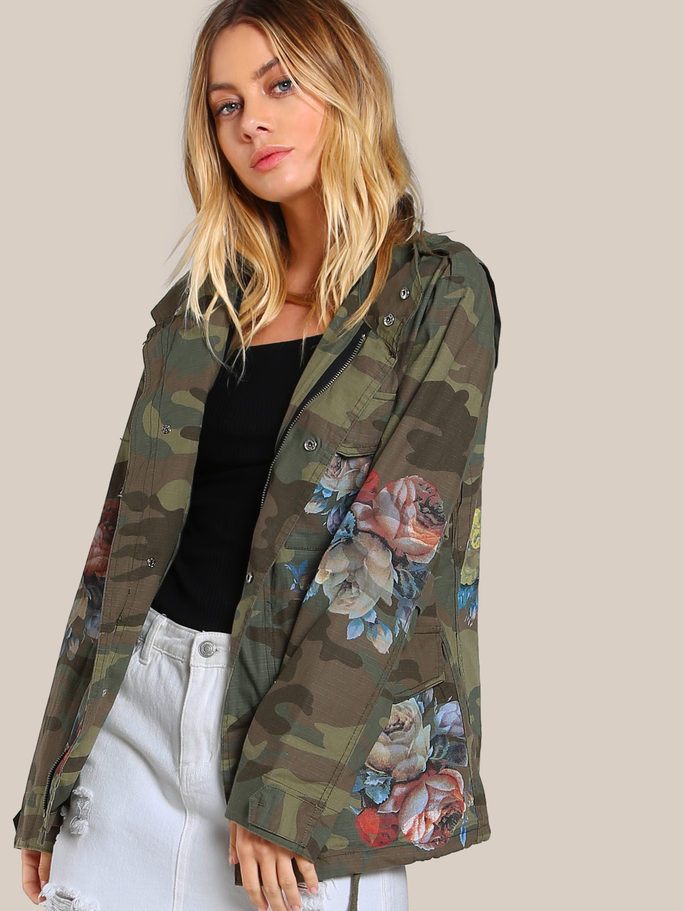 Flower Painted Camo Jacket OLIVE SheIn(Sheinside)