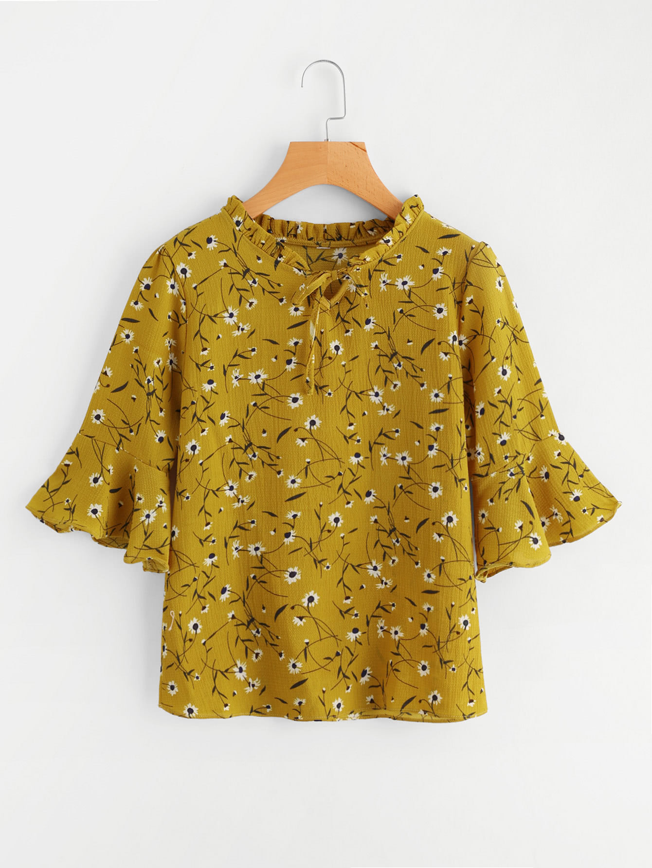 Calico Print Flute Sleeve Frill Blouse calico print layered butterfly sleeve blouse