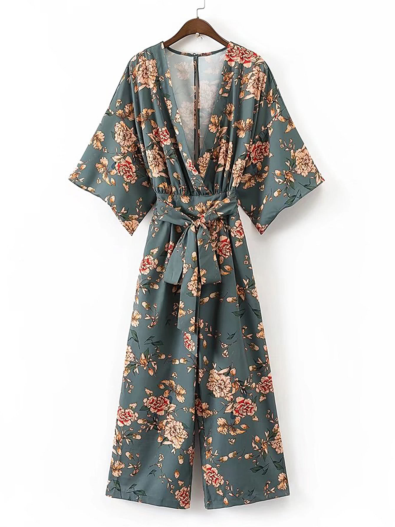 Plunging V-Neckline Floral Print Tie Waist Jumpsuit