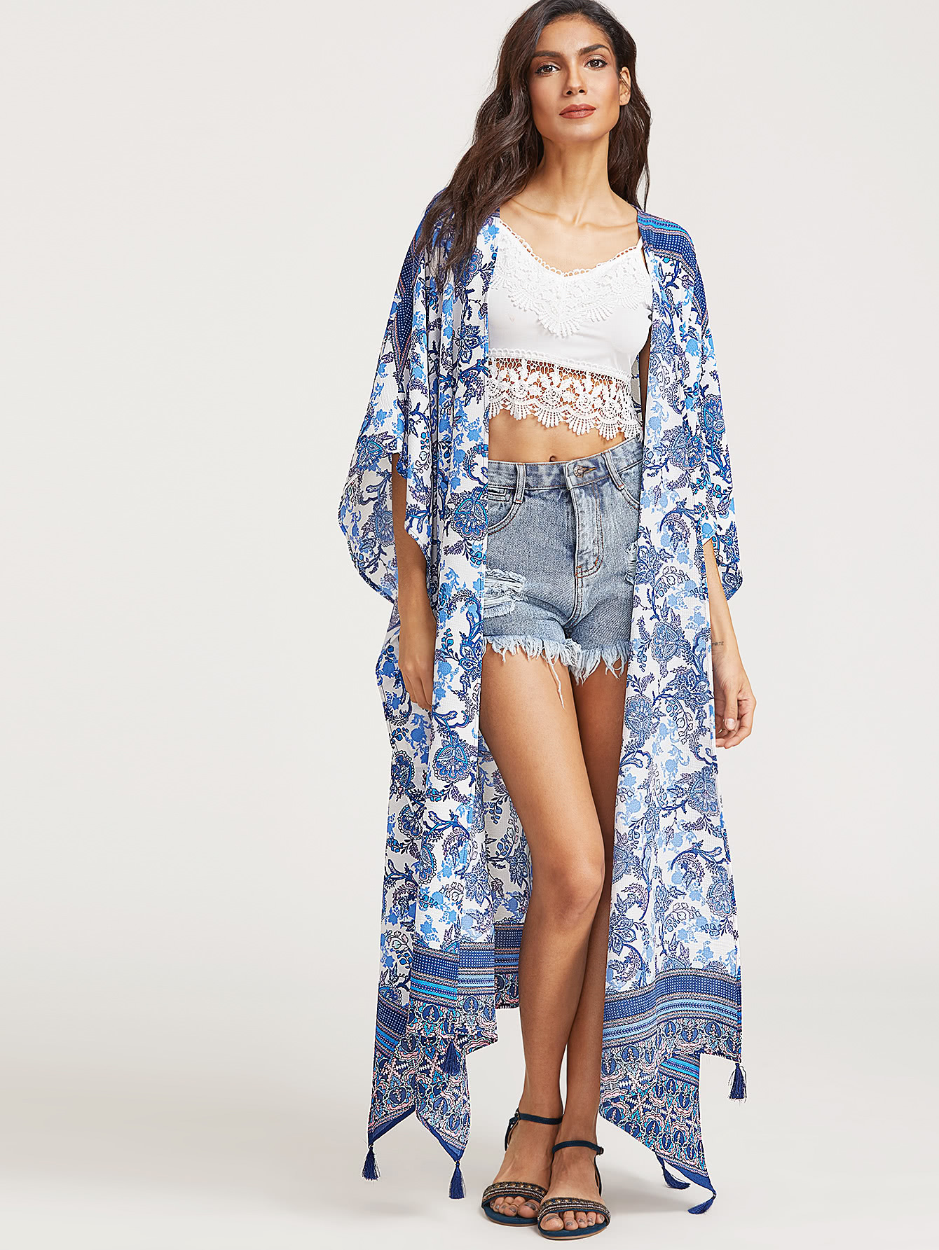Flower Print Tassel Trim Longline Kimono SheIn(Sheinside)