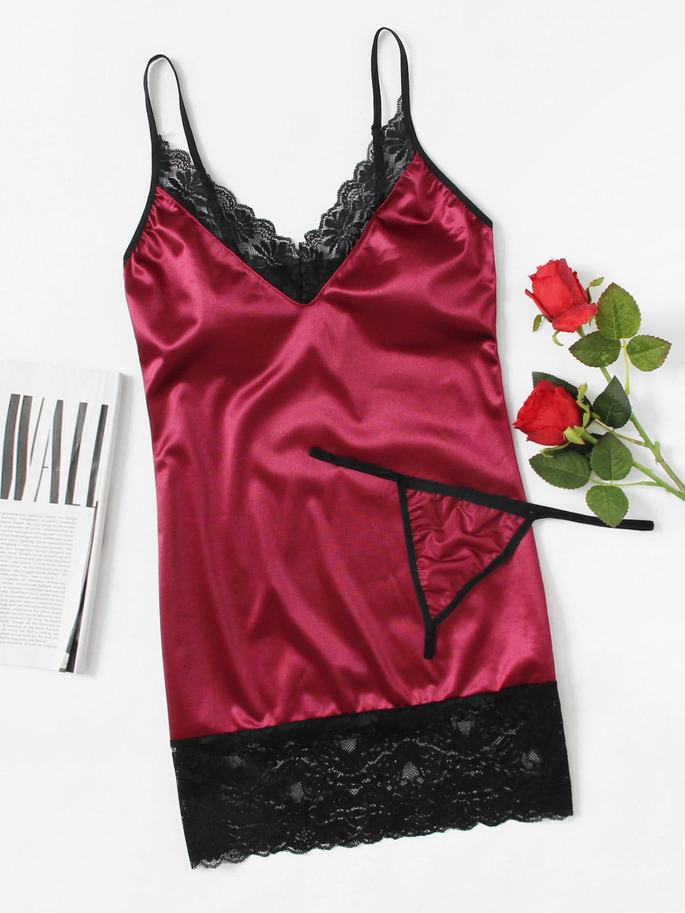 Contrast Lace Panel Slip Dress With T-Back Thong