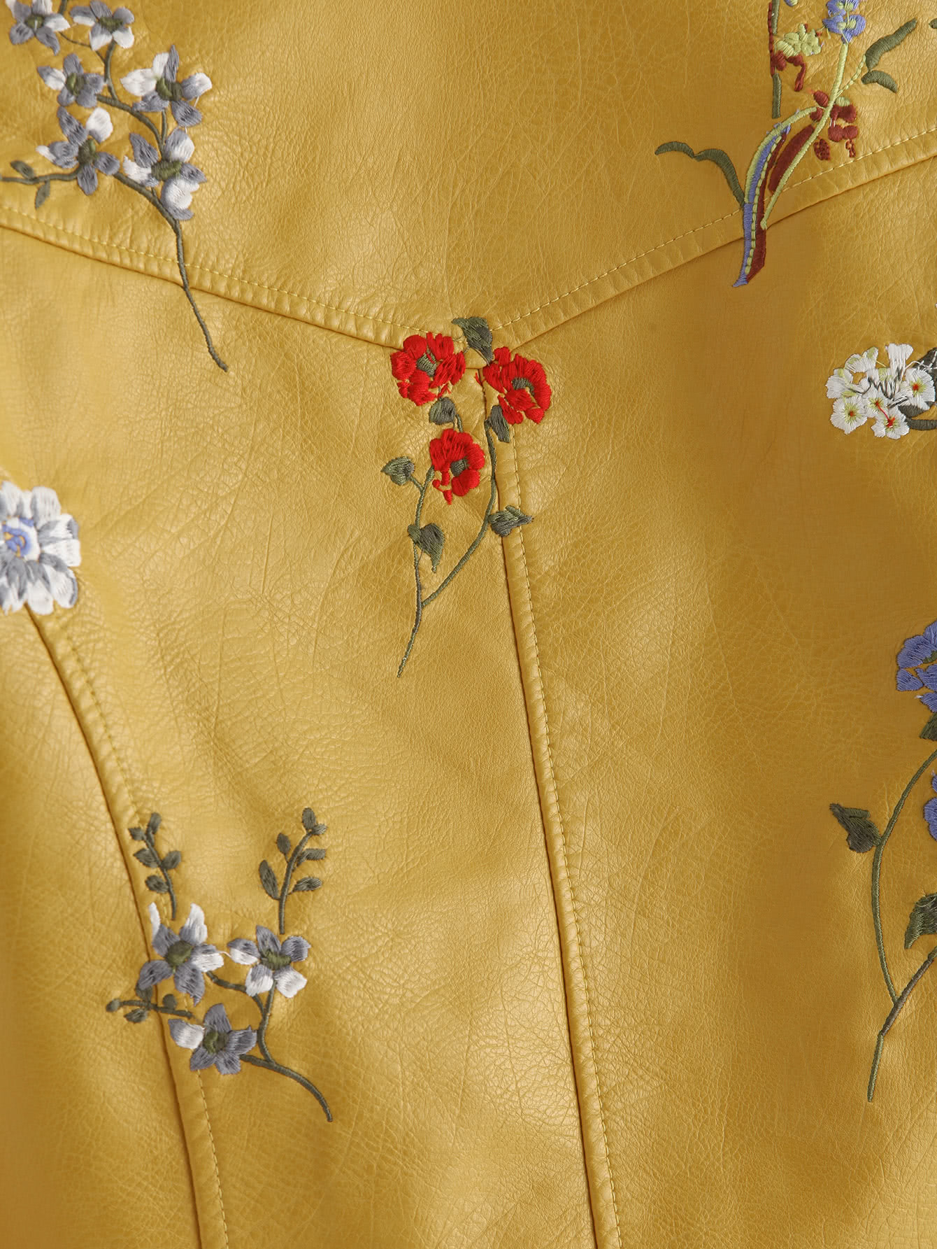 Botanical Embroidered Zipper Detail Faux Leather Biker Jacket SheIn