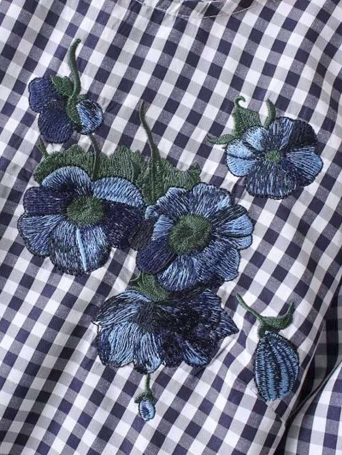 Bell Sleeve Flower Embroidery Gingham DressFor Womenromwe