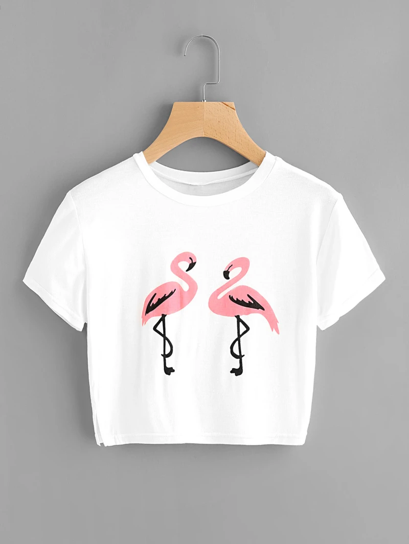 Short Flamingo TeeRound Print Sleeve Slit Sleeve Crop Crop Side Neck UABq0wPAx