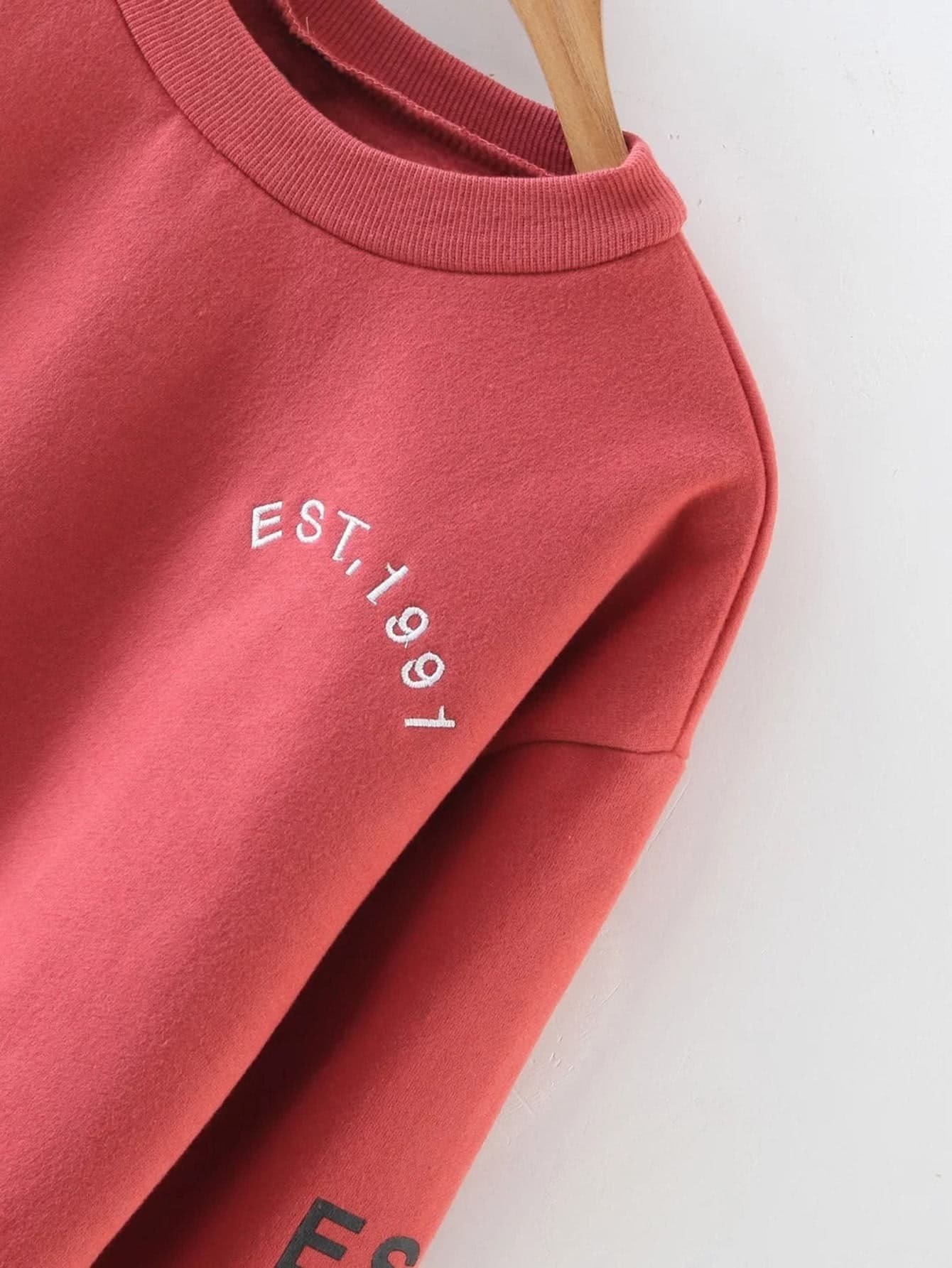 Letter Embroidery Drop Shoulder Crop Sweatshirt SheIn(Sheinside)