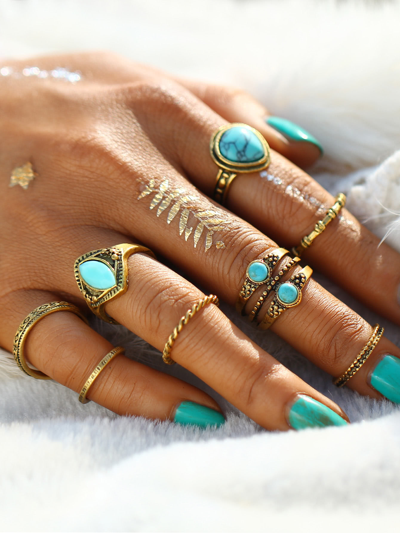 Turquoise Design Ring Set 8pcs SheIn(Sheinside)