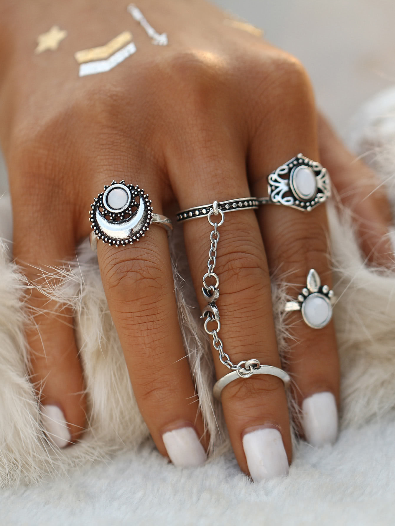 Gemstone Chain Linked Ring Set SheIn(Sheinside)